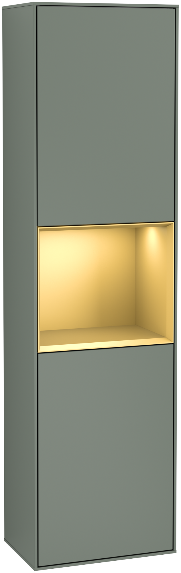 Villeroy & Boch Finion Tall cabinet, with lighting, 2 doors, 418x1516x270mm, Body: Olive Matt Lacquer, Front: Olive Matt Lacquer, Shelf: Gold Matt Lacquer