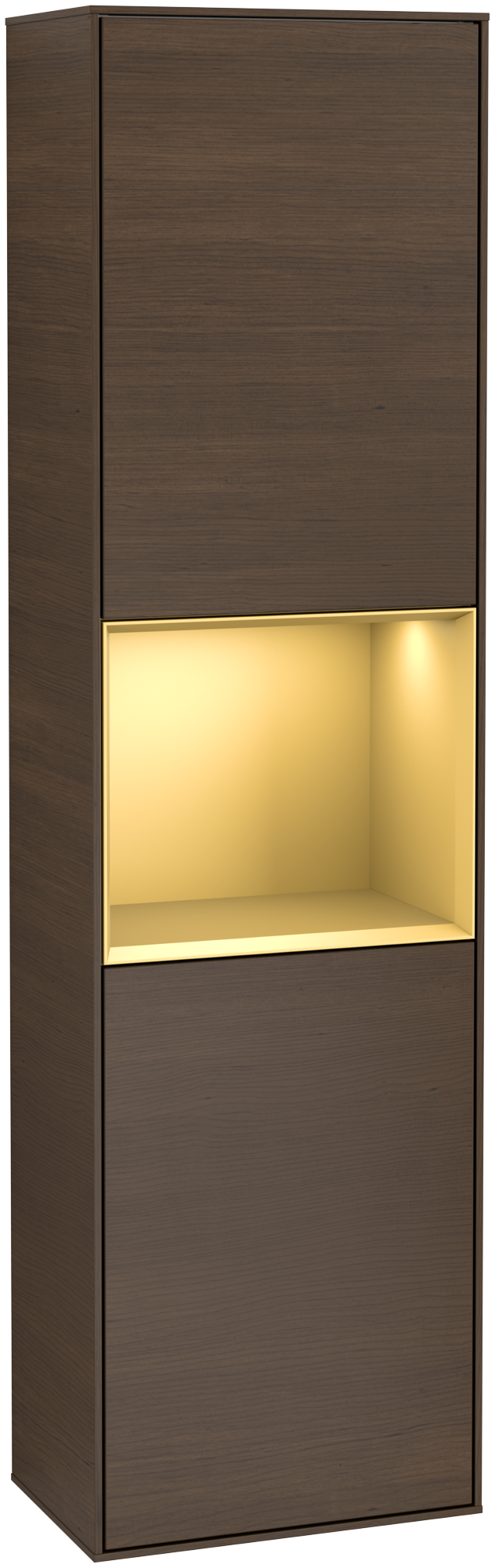 Villeroy & Boch Finion Tall cabinet, with lighting, 2 doors, 418x1516x270mm, Body: Walnut Veneer, Front: Walnut Veneer, Shelf: Gold Matt Lacquer
