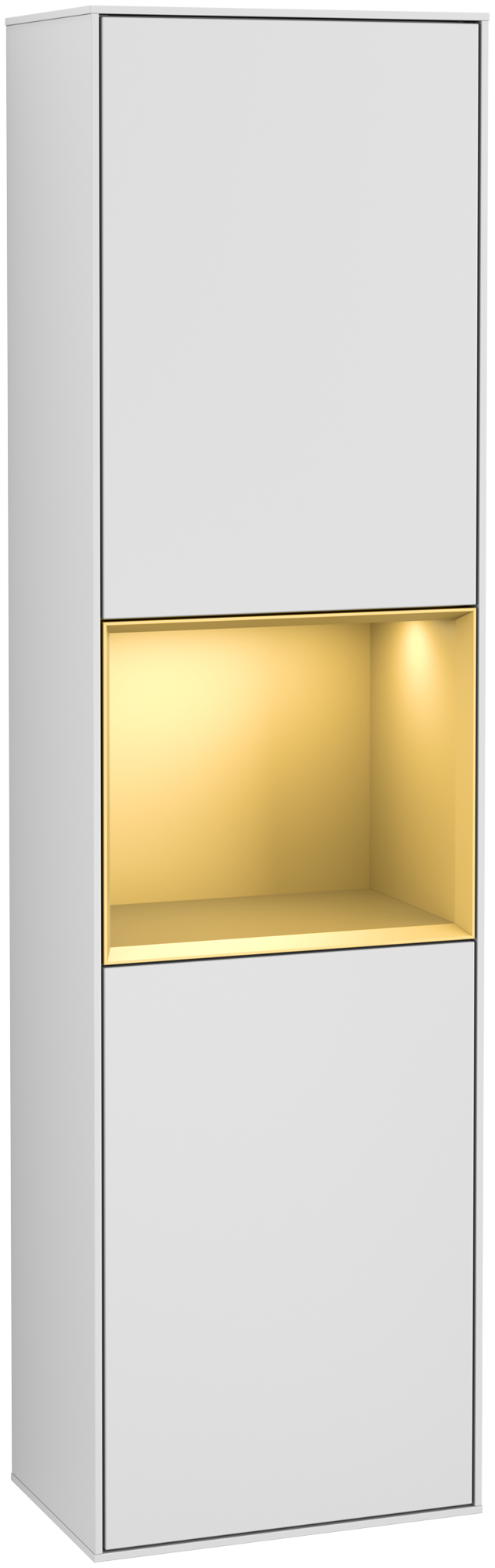 Villeroy & Boch Finion Tall cabinet, with lighting, 2 doors, 418x1516x270mm, Body: White Matt Lacquer, Front: White Matt Lacquer, Shelf: Gold Matt Lacquer
