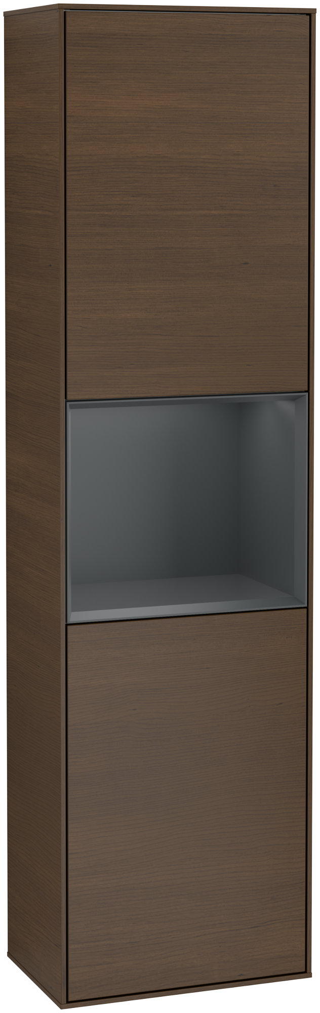 Villeroy & Boch Finion Tall cabinet, with lighting, 2 doors, 418x1516x270mm, Body: Walnut Veneer, Front: Walnut Veneer, Shelf: Midnight Blue Matt Lacquer