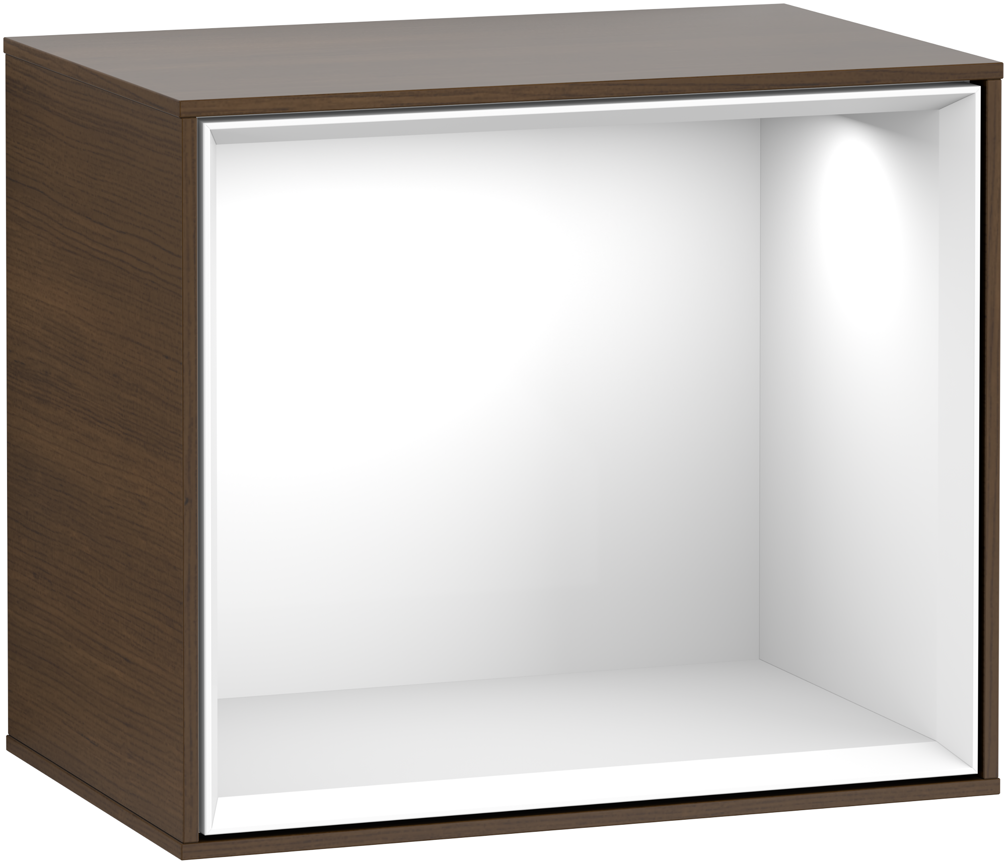 Villeroy & Boch Finion Shelf module, with lighting, 418x358x270mm, Body: Walnut Veneer, Front: Walnut Veneer, Shelf: Glossy White Lacquer