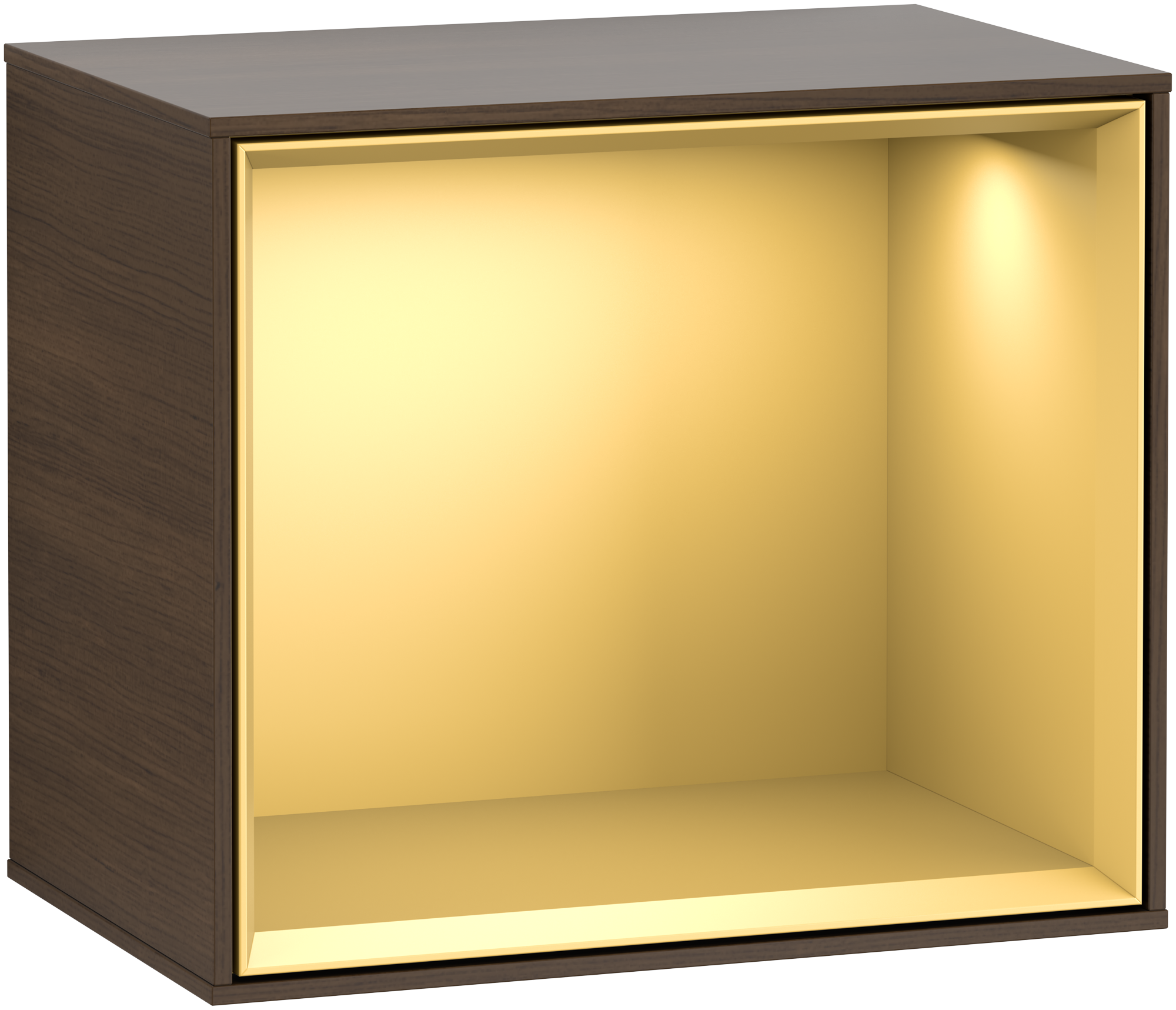 Villeroy & Boch Finion Shelf module, with lighting, 418x358x270mm, Body: Walnut Veneer, Front: Walnut Veneer, Shelf: Gold Matt Lacquer