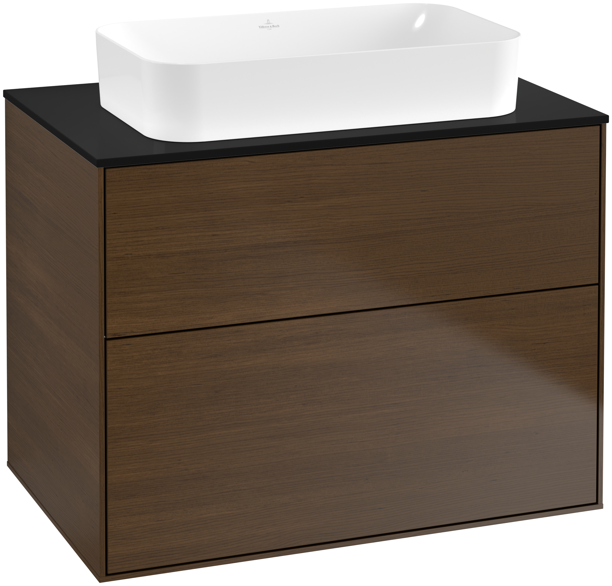 Villeroy & Boch Finion Meuble sous plan, avec éclairage, 2 tiroirs sur rails, 800x603x501mm, Caisson: Walnut Veneer, Façade: Walnut Veneer, Plaque de recouvrement: Glass Black Matt