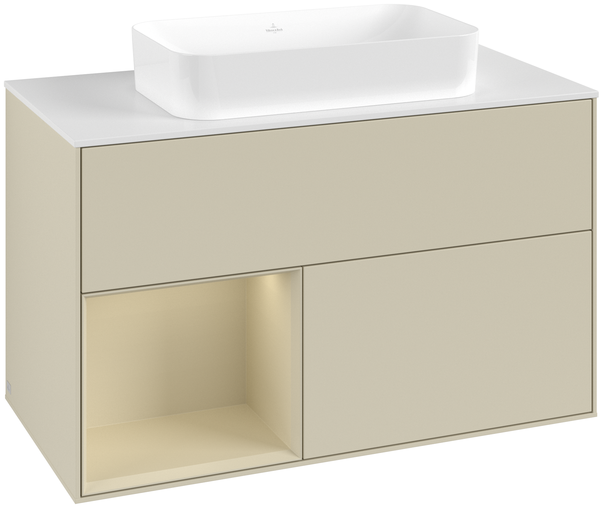 Villeroy & Boch Finion Waschbeckenunterschrank, mit Beleuchtung, 2 Auszüge, 1000x603x501mm, Korpus: Silk Grey Matt Lacquer, Front: Silk Grey Matt Lacquer, Regalelement: Silk Grey Matt Lacquer, Abdeckplatte: Glass White Matt