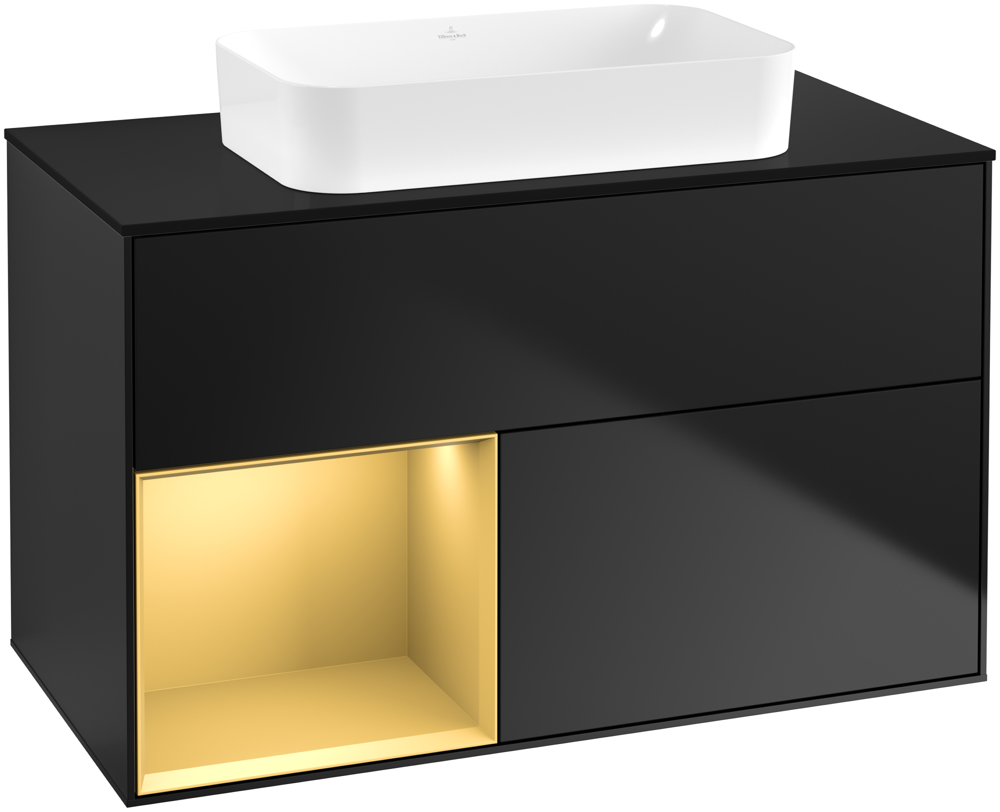 Villeroy & Boch Finion Waschbeckenunterschrank, mit Beleuchtung, 2 Auszüge, 1000x603x501mm, Korpus: Black Matt Lacquer, Front: Black Matt Lacquer, Regalelement: Gold Matt Lacquer, Abdeckplatte: Glass Black Matt