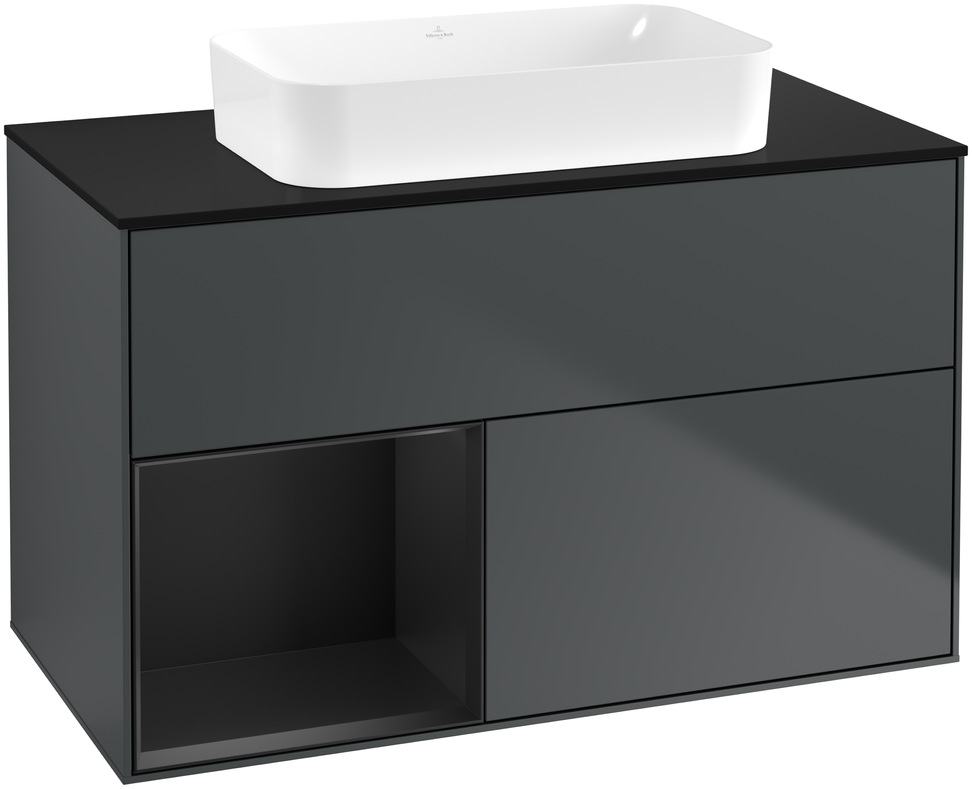 Villeroy & Boch Finion Vanity unit, with lighting, 2 pull-out compartments, 1000x603x501mm, Body: Midnight Blue Matt Lacquer, Front: Midnight Blue Matt Lacquer, Shelf: Black Matt Lacquer, Cover plate: Glass Black Matt
