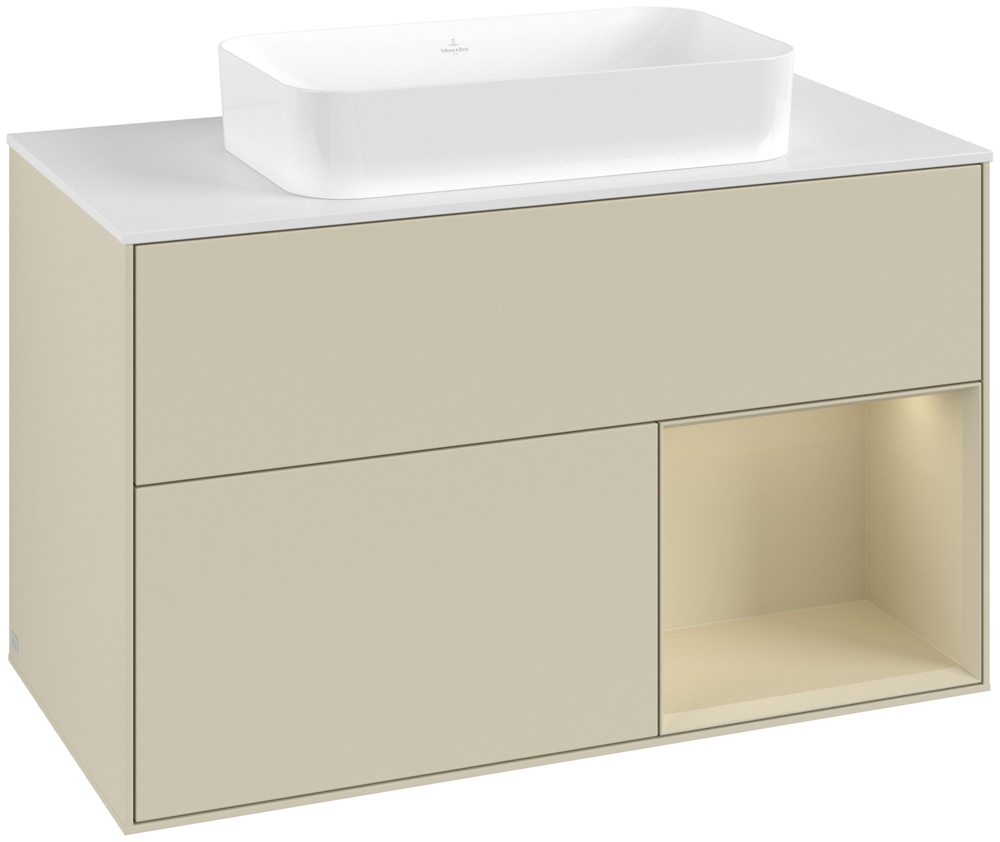 Villeroy & Boch Finion Waschbeckenunterschrank, mit Beleuchtung, 2 Auszüge, 1000x603x501mm, Korpus: Silk Grey Matt Lacquer, Front: Silk Grey Matt Lacquer, Regalelement: Silk Grey Matt Lacquer, Abdeckplatte: Glass White Matt