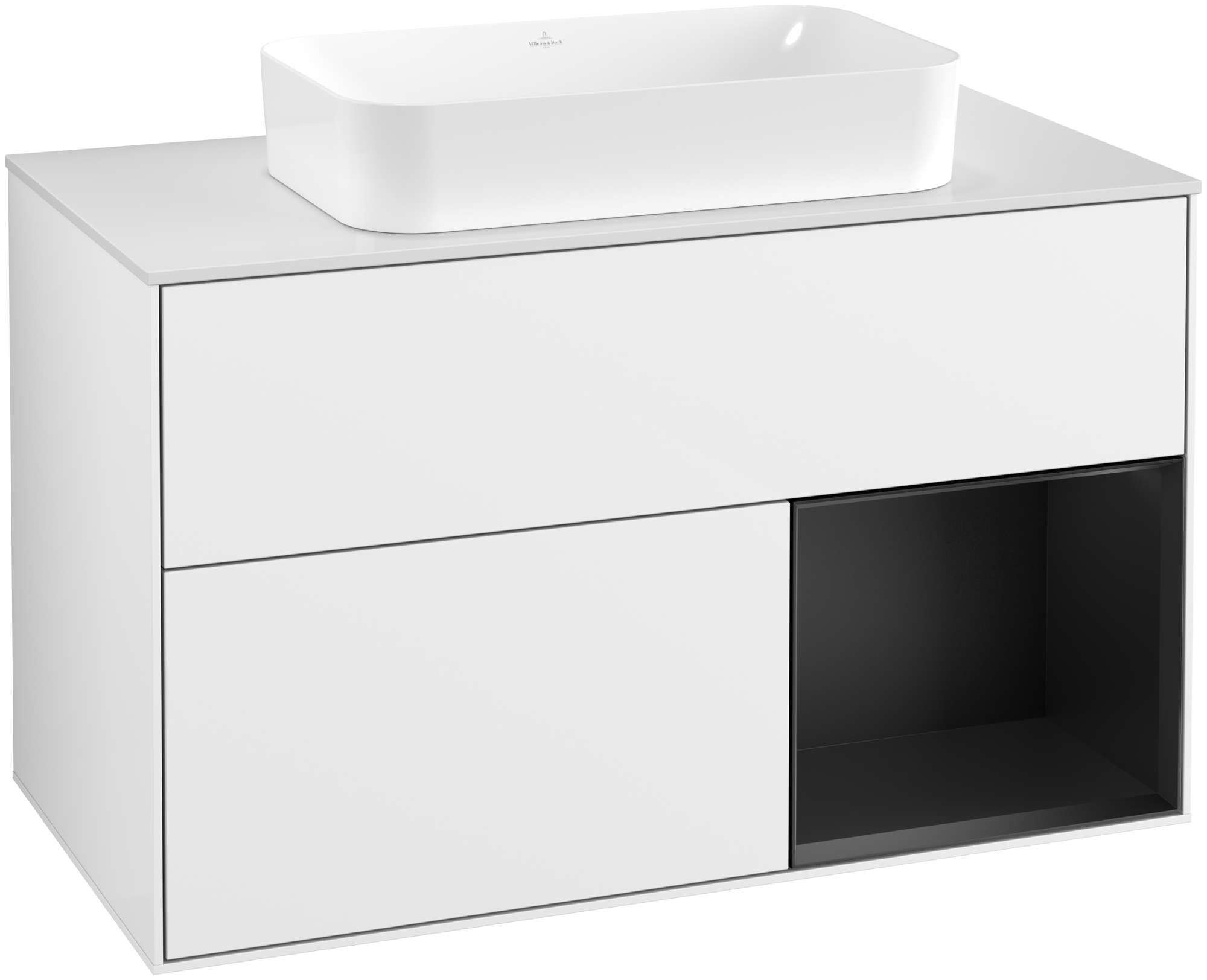 Villeroy & Boch Finion Vanity unit, with lighting, 2 pull-out compartments, 1000x603x501mm, Body: Glossy White Lacquer, Front: Glossy White Lacquer, Shelf: Black Matt Lacquer, Cover plate: Glass White Matt