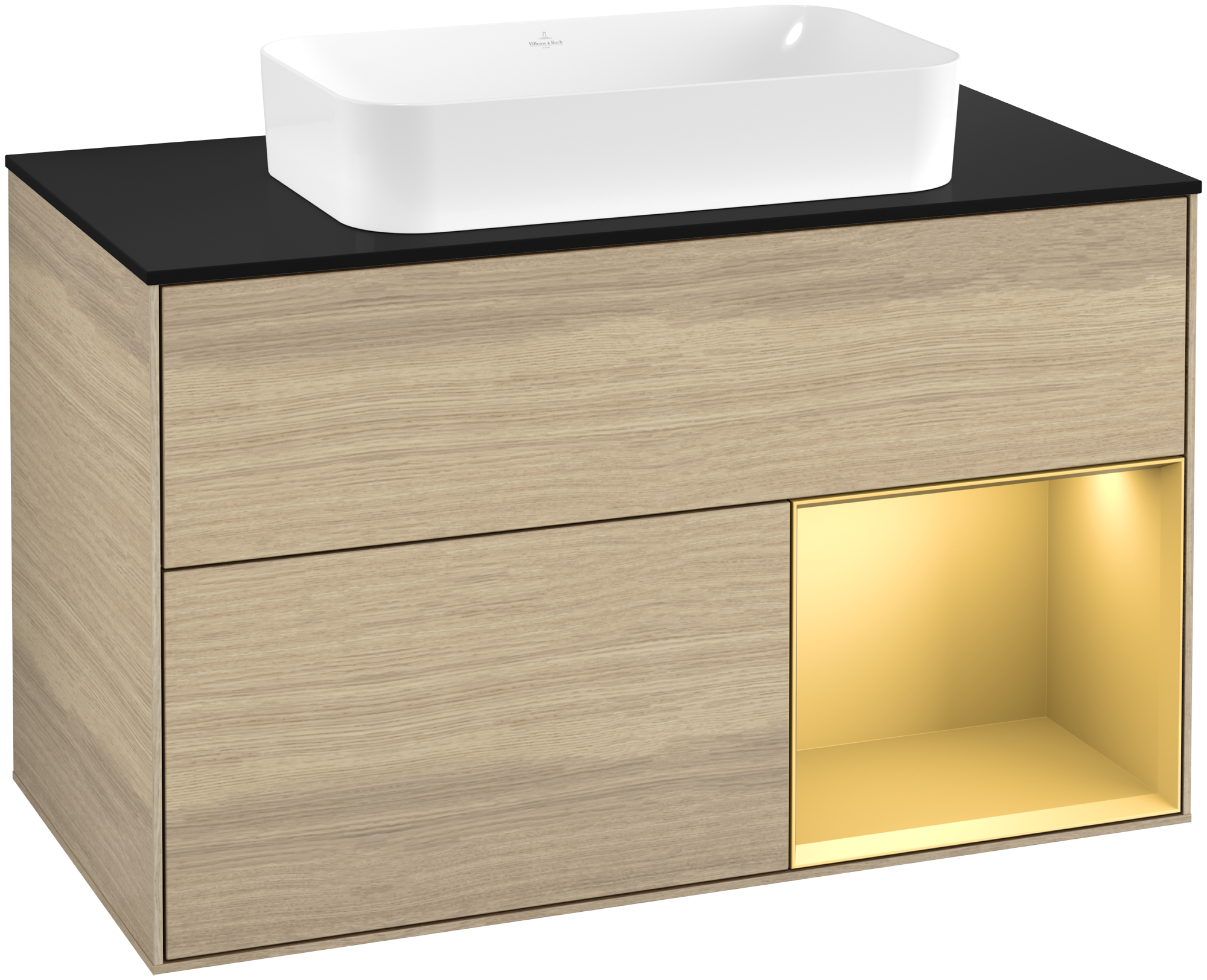 Villeroy & Boch Finion Vanity unit, with lighting, 2 pull-out compartments, 1000x603x501mm, Body: Oak Veneer, Front: Oak Veneer, Shelf: Gold Matt Lacquer, Cover plate: Glass Black Matt