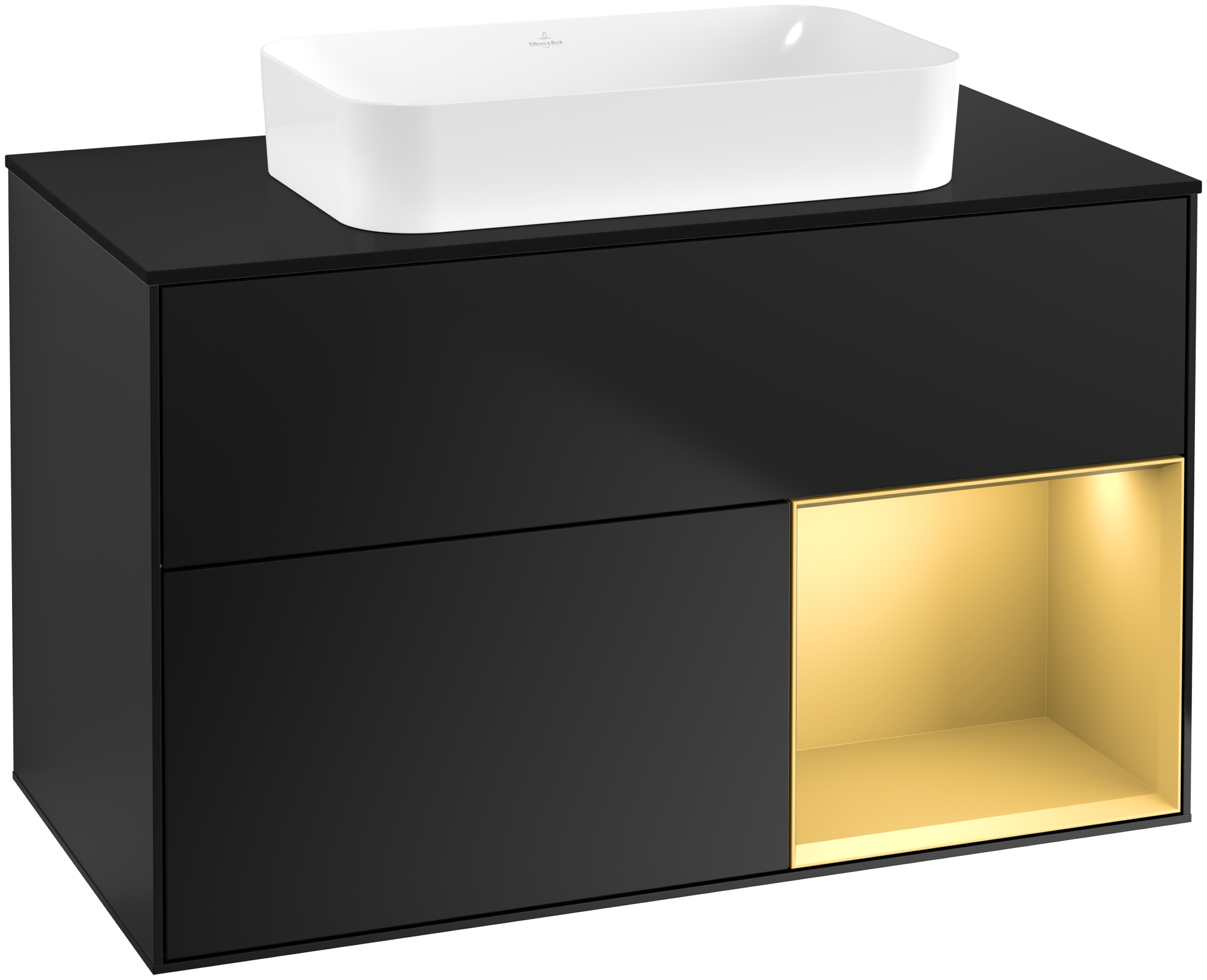 Villeroy & Boch Finion Waschbeckenunterschrank, mit Beleuchtung, 2 Auszüge, 1000x603x501mm, Korpus: Black Matt Lacquer, Front: Black Matt Lacquer, Regalelement: Gold Matt Lacquer, Abdeckplatte: Glass Black Matt