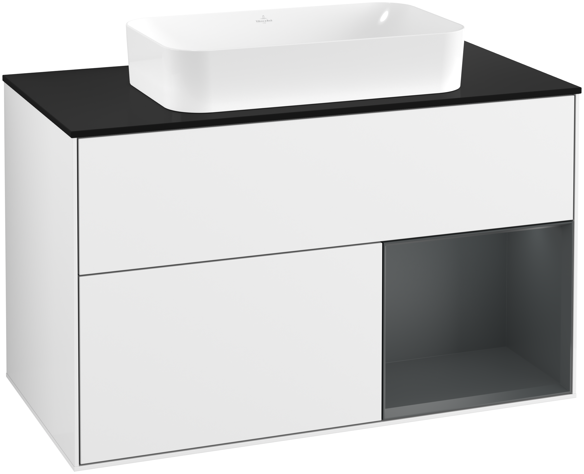 Villeroy & Boch Finion Vanity unit, with lighting, 2 pull-out compartments, 1000x603x501mm, Body: Glossy White Lacquer, Front: Glossy White Lacquer, Shelf: Midnight Blue Matt Lacquer, Cover plate: Glass Black Matt
