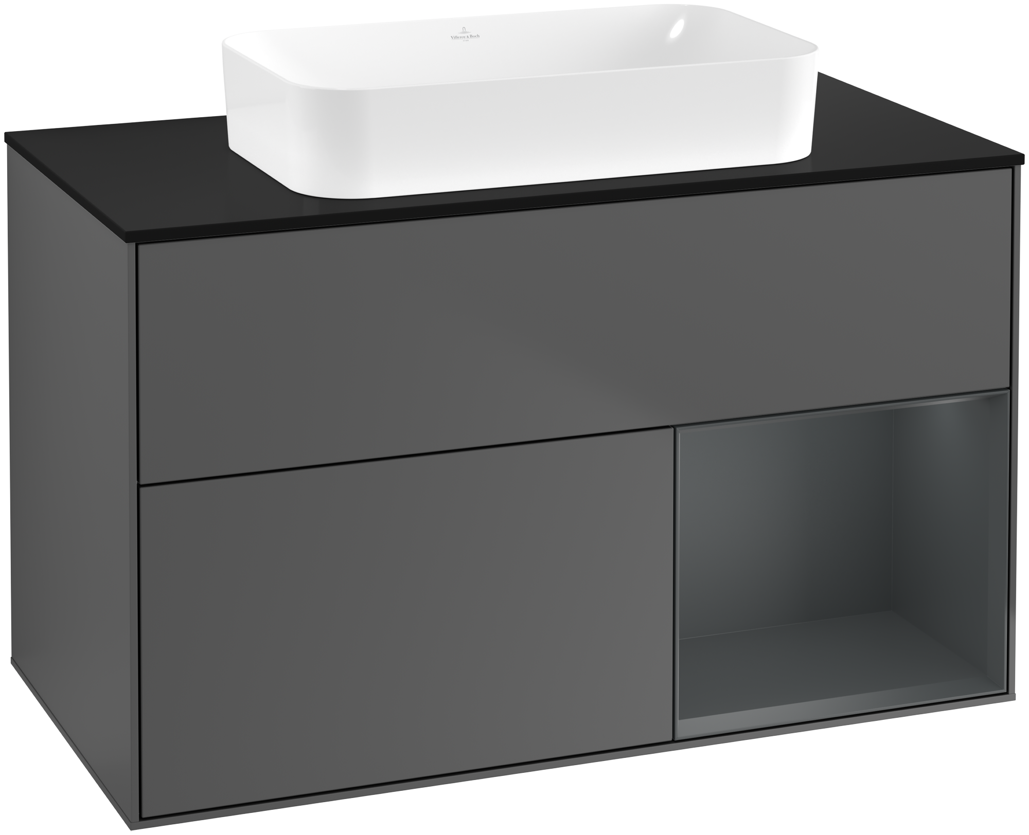 Villeroy & Boch Finion Vanity unit, with lighting, 2 pull-out compartments, 1000x603x501mm, Body: Anthracite Matt Lacquer, Front: Anthracite Matt Lacquer, Shelf: Midnight Blue Matt Lacquer, Cover plate: Glass Black Matt