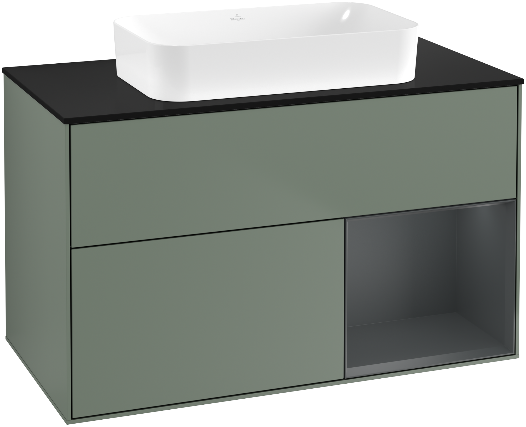Villeroy & Boch Finion Vanity unit, with lighting, 2 pull-out compartments, 1000x603x501mm, Body: Olive Matt Lacquer, Front: Olive Matt Lacquer, Shelf: Midnight Blue Matt Lacquer, Cover plate: Glass Black Matt