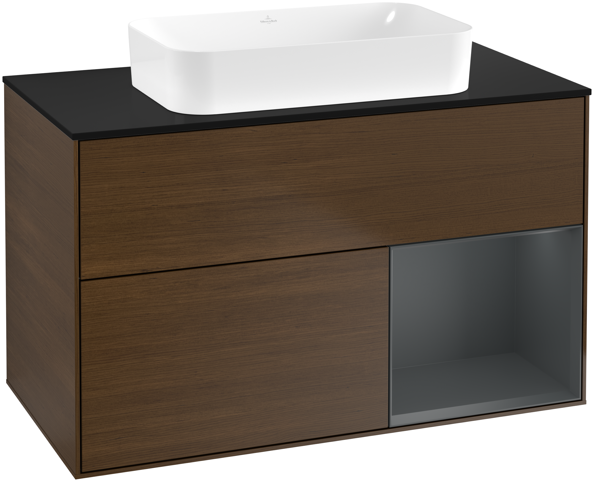 Villeroy & Boch Finion Vanity unit, with lighting, 2 pull-out compartments, 1000x603x501mm, Body: Walnut Veneer, Front: Walnut Veneer, Shelf: Midnight Blue Matt Lacquer, Cover plate: Glass Black Matt