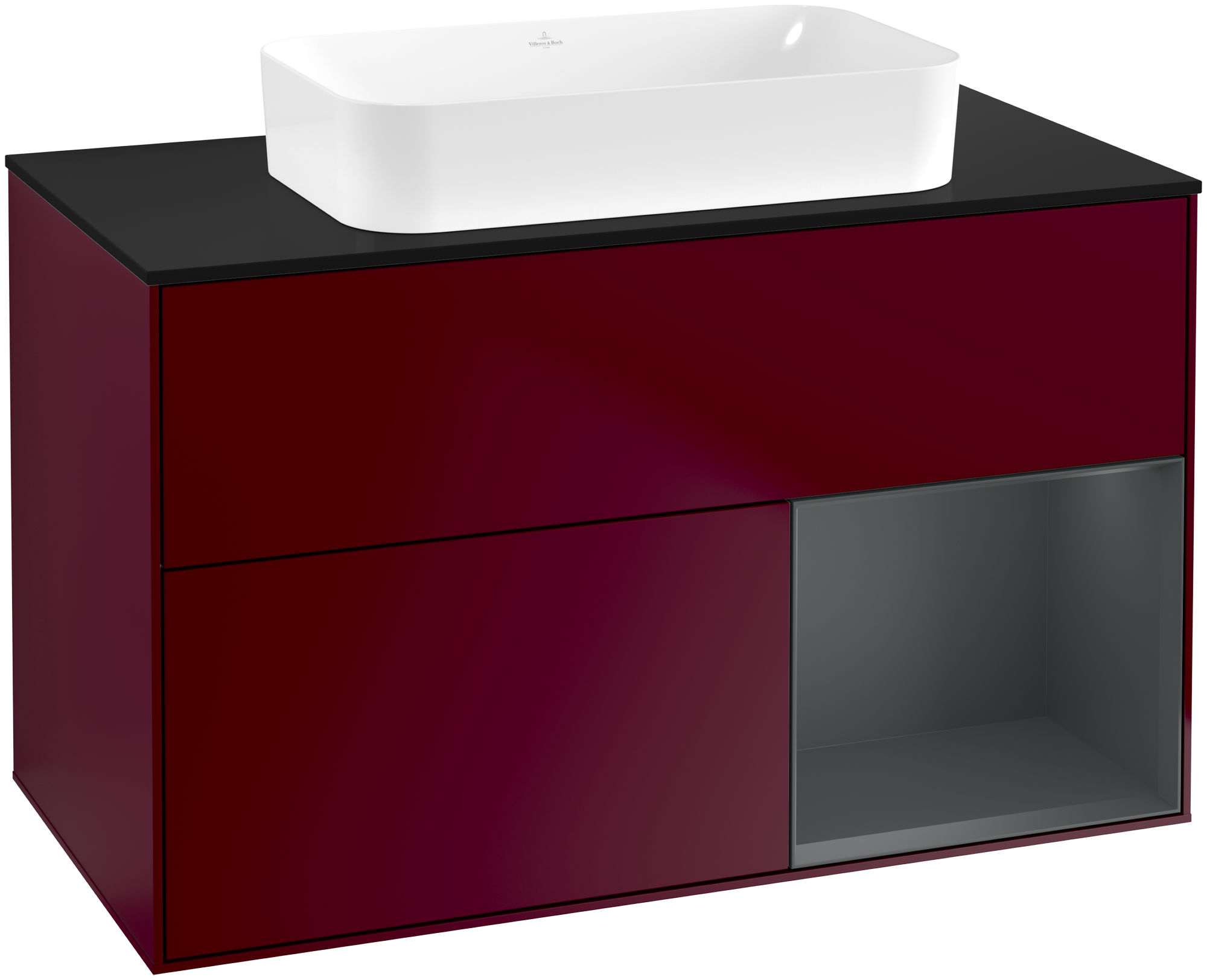 Villeroy & Boch Finion Vanity unit, with lighting, 2 pull-out compartments, 1000x603x501mm, Body: Peony Matt Lacquer, Front: Peony Matt Lacquer, Shelf: Midnight Blue Matt Lacquer, Cover plate: Glass Black Matt