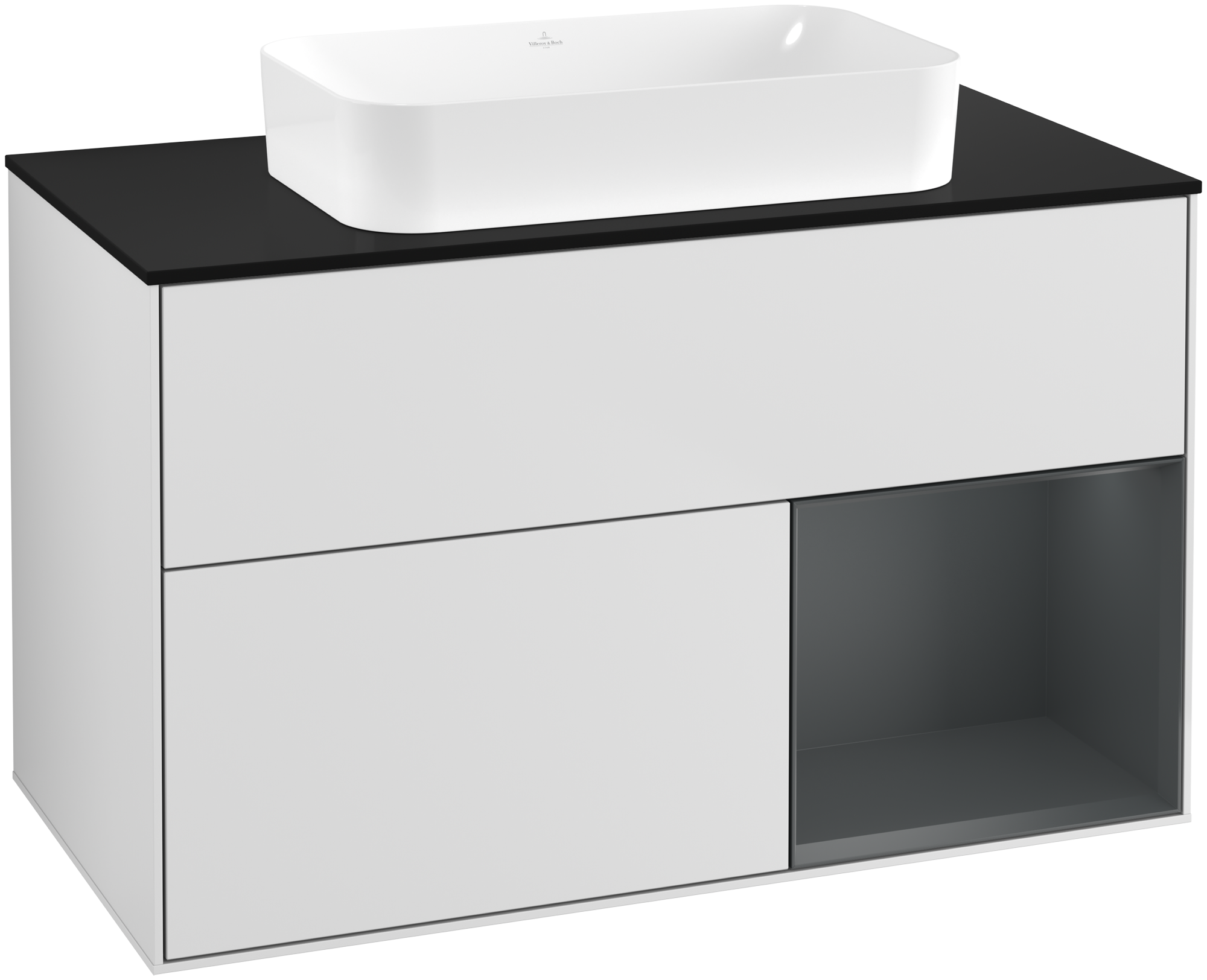 Villeroy & Boch Finion Vanity unit, with lighting, 2 pull-out compartments, 1000x603x501mm, Body: White Matt Lacquer, Front: White Matt Lacquer, Shelf: Midnight Blue Matt Lacquer, Cover plate: Glass Black Matt