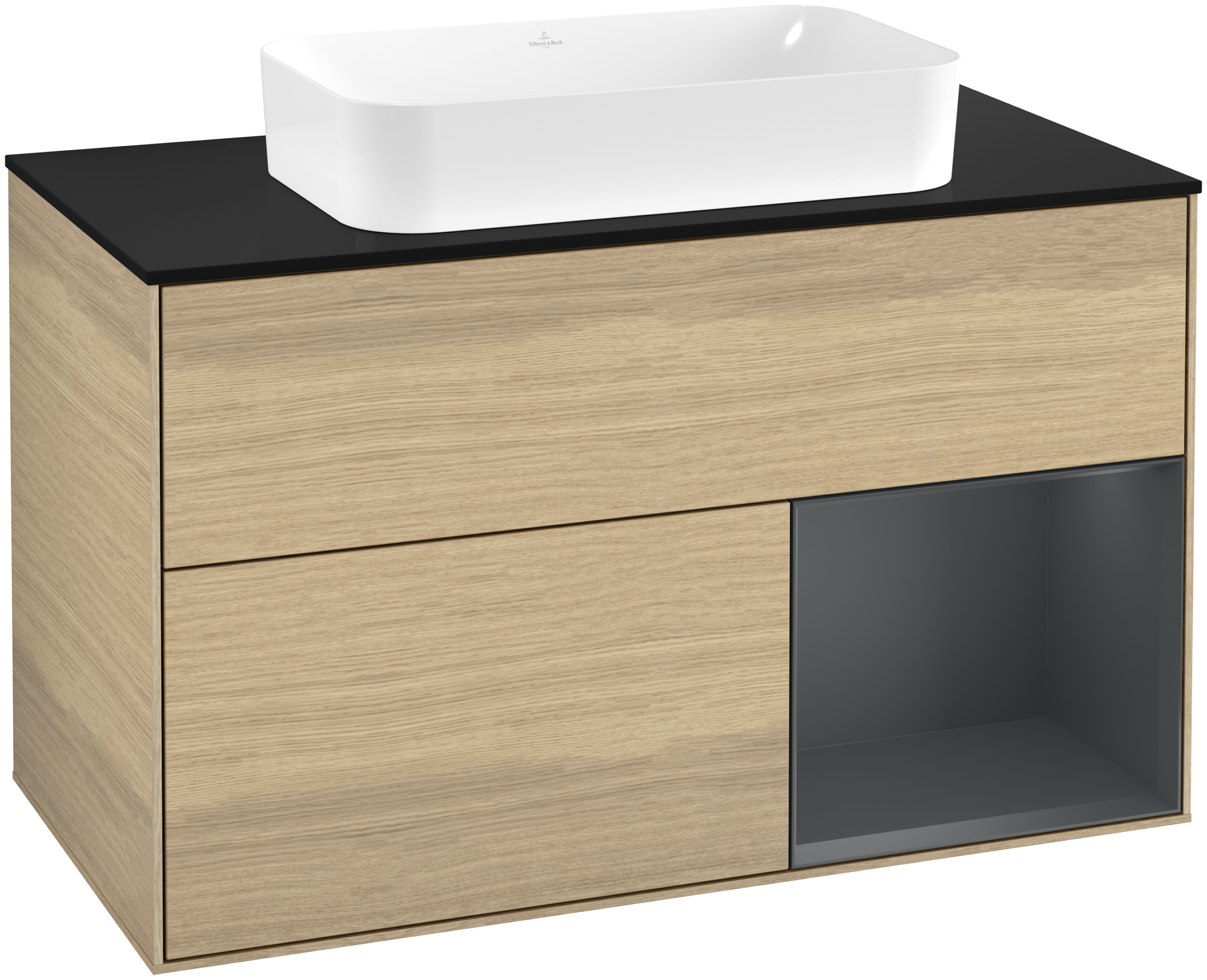Villeroy & Boch Finion Vanity unit, with lighting, 2 pull-out compartments, 1000x603x501mm, Body: Oak Veneer, Front: Oak Veneer, Shelf: Midnight Blue Matt Lacquer, Cover plate: Glass Black Matt