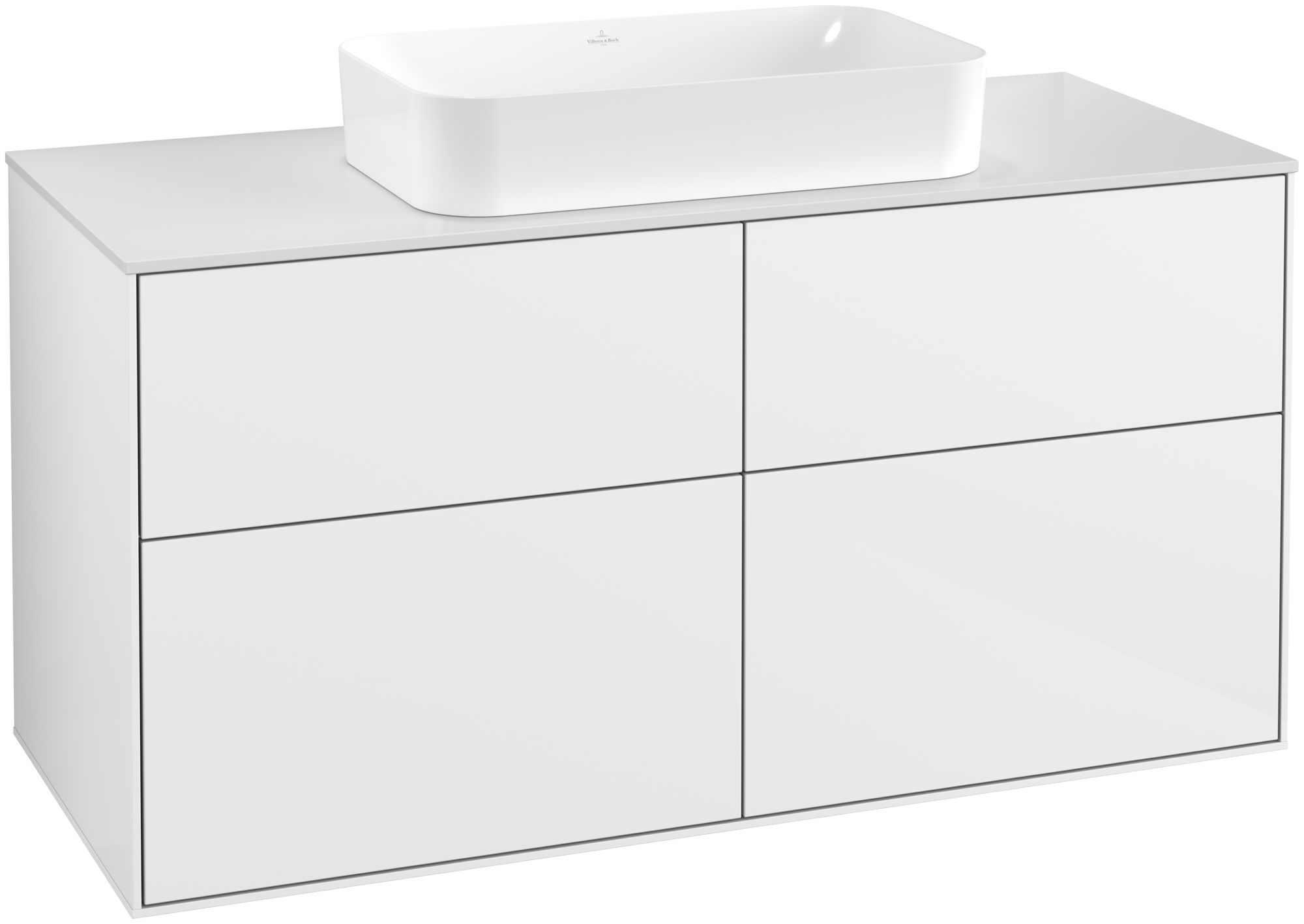 Villeroy & Boch Finion Waschbeckenunterschrank, mit Beleuchtung, 4 Auszüge, 1200x603x501mm, Korpus: Glossy White Lacquer, Front: Glossy White Lacquer, Abdeckplatte: Glass White Matt
