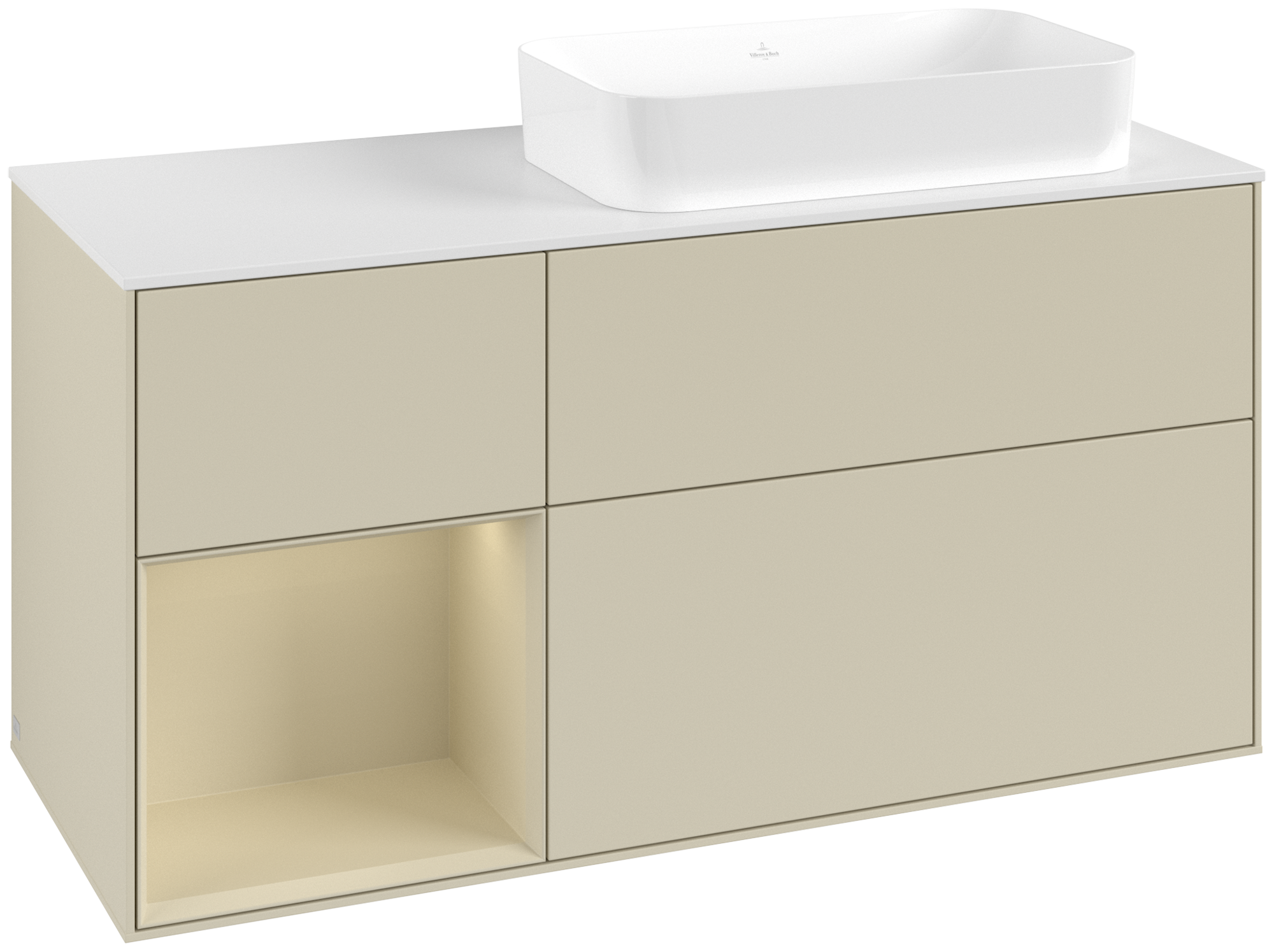 Villeroy & Boch Finion Waschbeckenunterschrank, mit Beleuchtung, 3 Auszüge, 1200x603x501mm, Korpus: Silk Grey Matt Lacquer, Front: Silk Grey Matt Lacquer, Regalelement: Silk Grey Matt Lacquer, Abdeckplatte: Glass White Matt