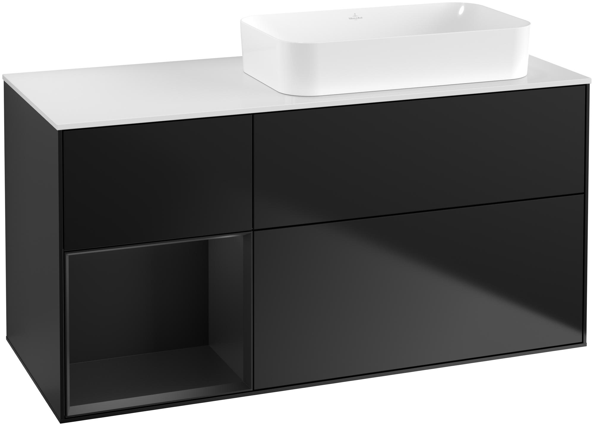 Villeroy & Boch Finion Vanity unit, with lighting, 3 pull-out compartments, 1200x603x501mm, Body: Black Matt Lacquer, Front: Black Matt Lacquer, Shelf: Black Matt Lacquer, Cover plate: Glass White Matt