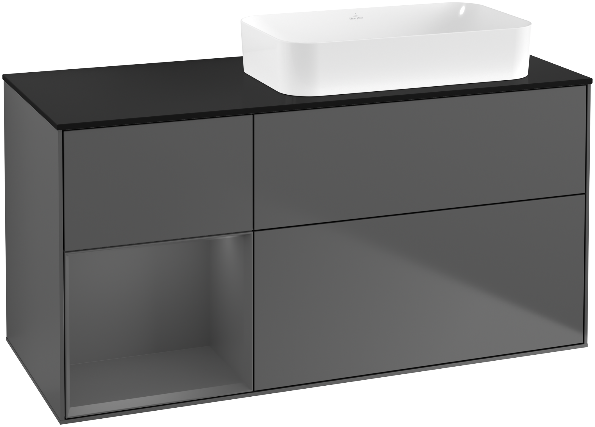 Villeroy & Boch Finion Waschbeckenunterschrank, mit Beleuchtung, 3 Auszüge, 1200x603x501mm, Korpus: Anthracite Matt Lacquer, Front: Anthracite Matt Lacquer, Regalelement: Anthracite Matt Lacquer, Abdeckplatte: Glass Black Matt