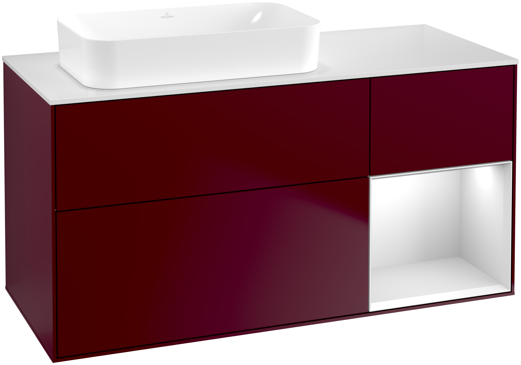 Villeroy & Boch Finion Waschbeckenunterschrank, mit Beleuchtung, 3 Auszüge, 1200x603x501mm, Korpus: Peony Matt Lacquer, Front: Peony Matt Lacquer, Regalelement: White Matt Lacquer, Abdeckplatte: Glass White Matt