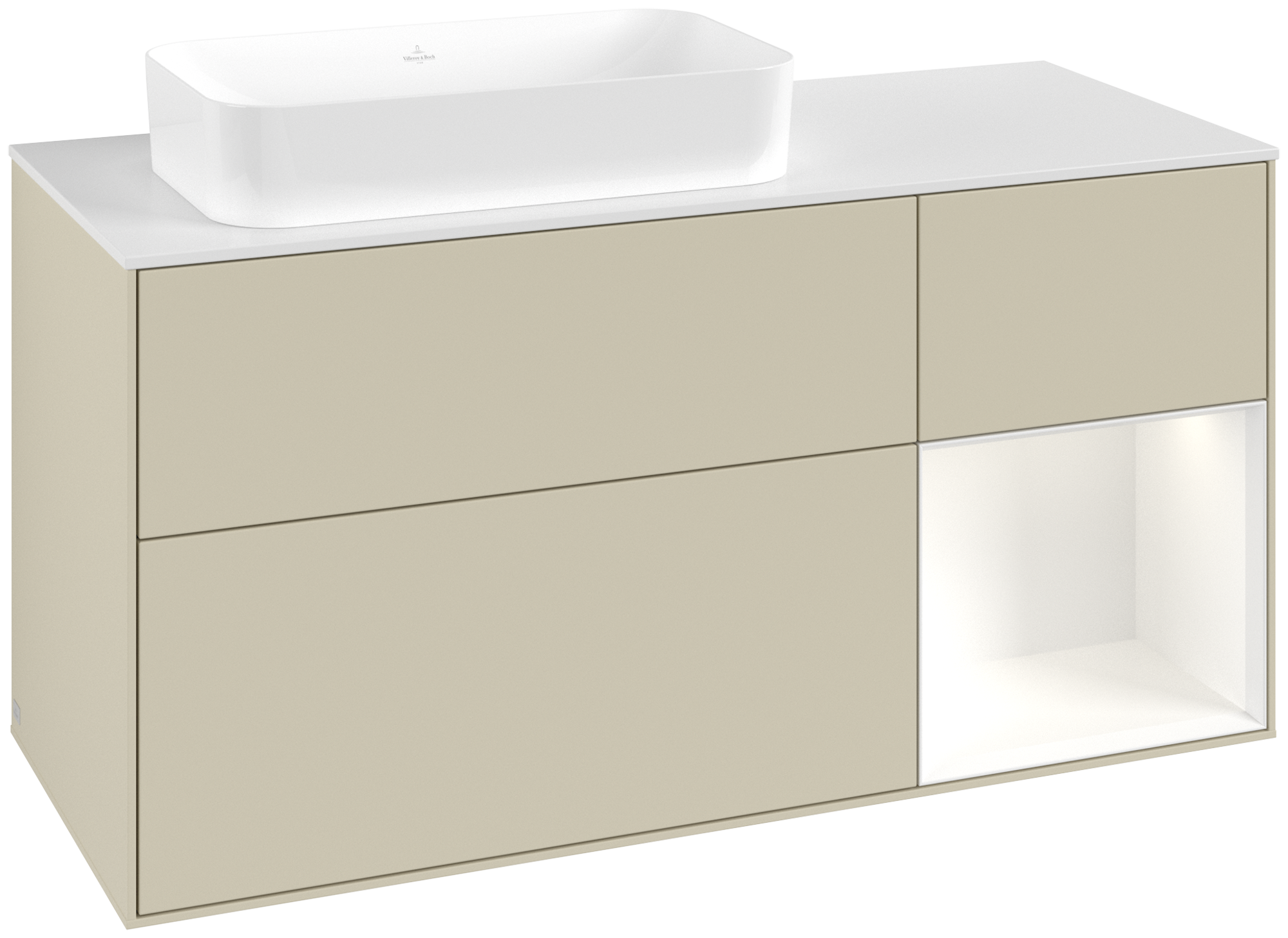 Villeroy & Boch Finion Waschbeckenunterschrank, mit Beleuchtung, 3 Auszüge, 1200x603x501mm, Korpus: Silk Grey Matt Lacquer, Front: Silk Grey Matt Lacquer, Regalelement: White Matt Lacquer, Abdeckplatte: Glass White Matt
