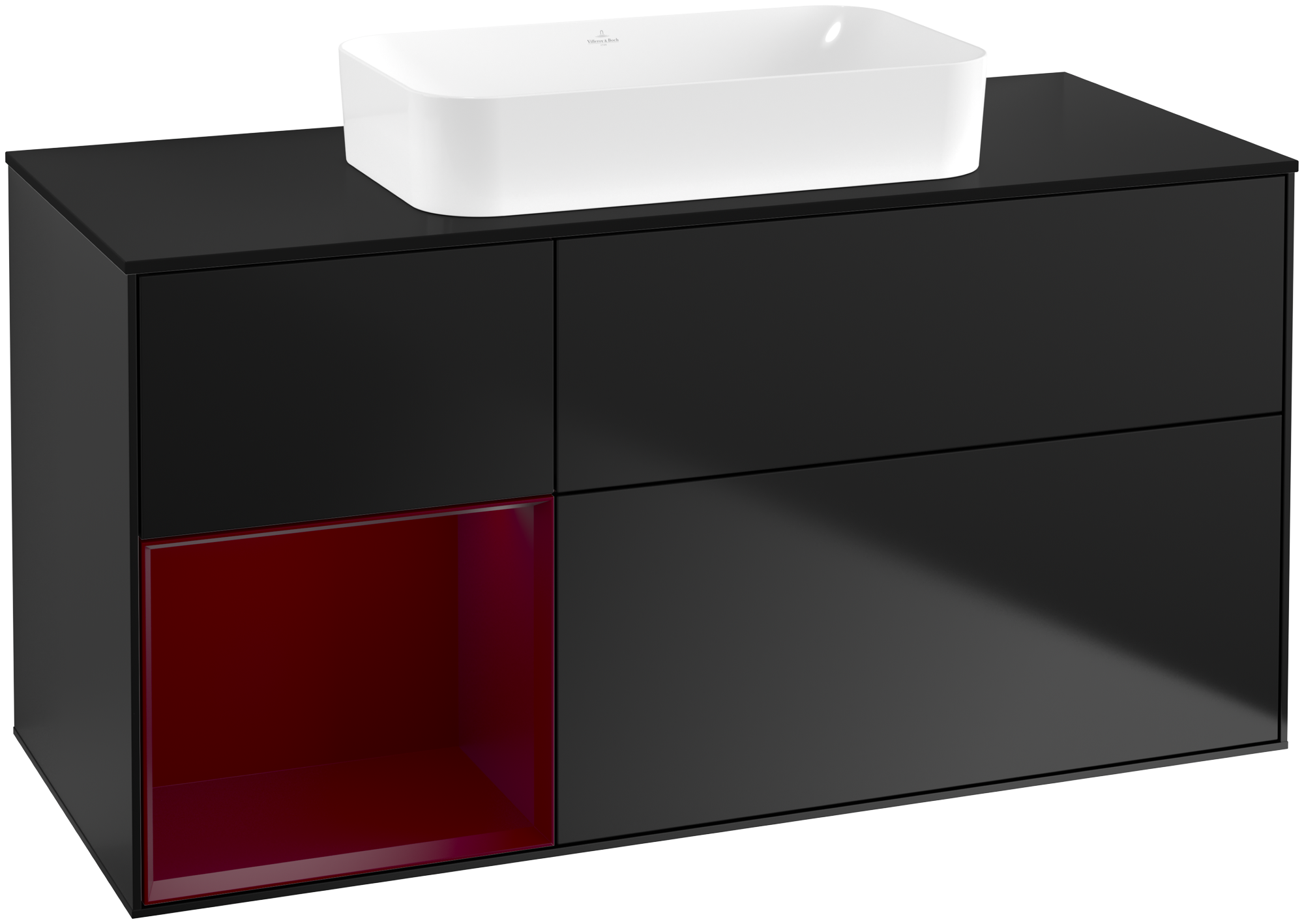 Villeroy & Boch Finion Meuble sous plan, avec éclairage, 3 tiroirs sur rails, 1200x603x501mm, Caisson: Black Matt Lacquer, Façade: Black Matt Lacquer, Élément d’étagère: Peony Matt Lacquer, Plaque de recouvrement: Glass Black Matt