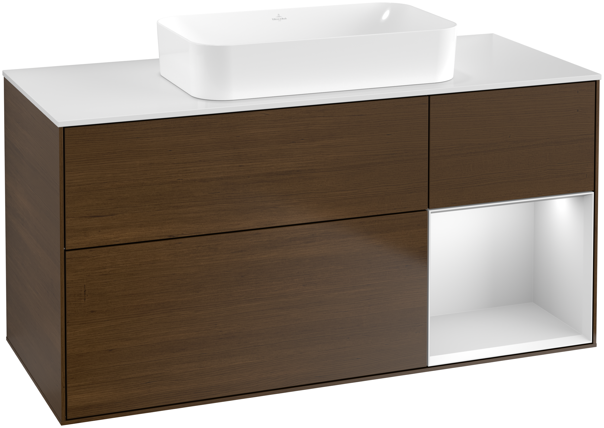 Villeroy & Boch Finion Waschbeckenunterschrank, mit Beleuchtung, 3 Auszüge, 1200x603x501mm, Korpus: Walnut Veneer, Front: Walnut Veneer, Regalelement: White Matt Lacquer, Abdeckplatte: Glass White Matt