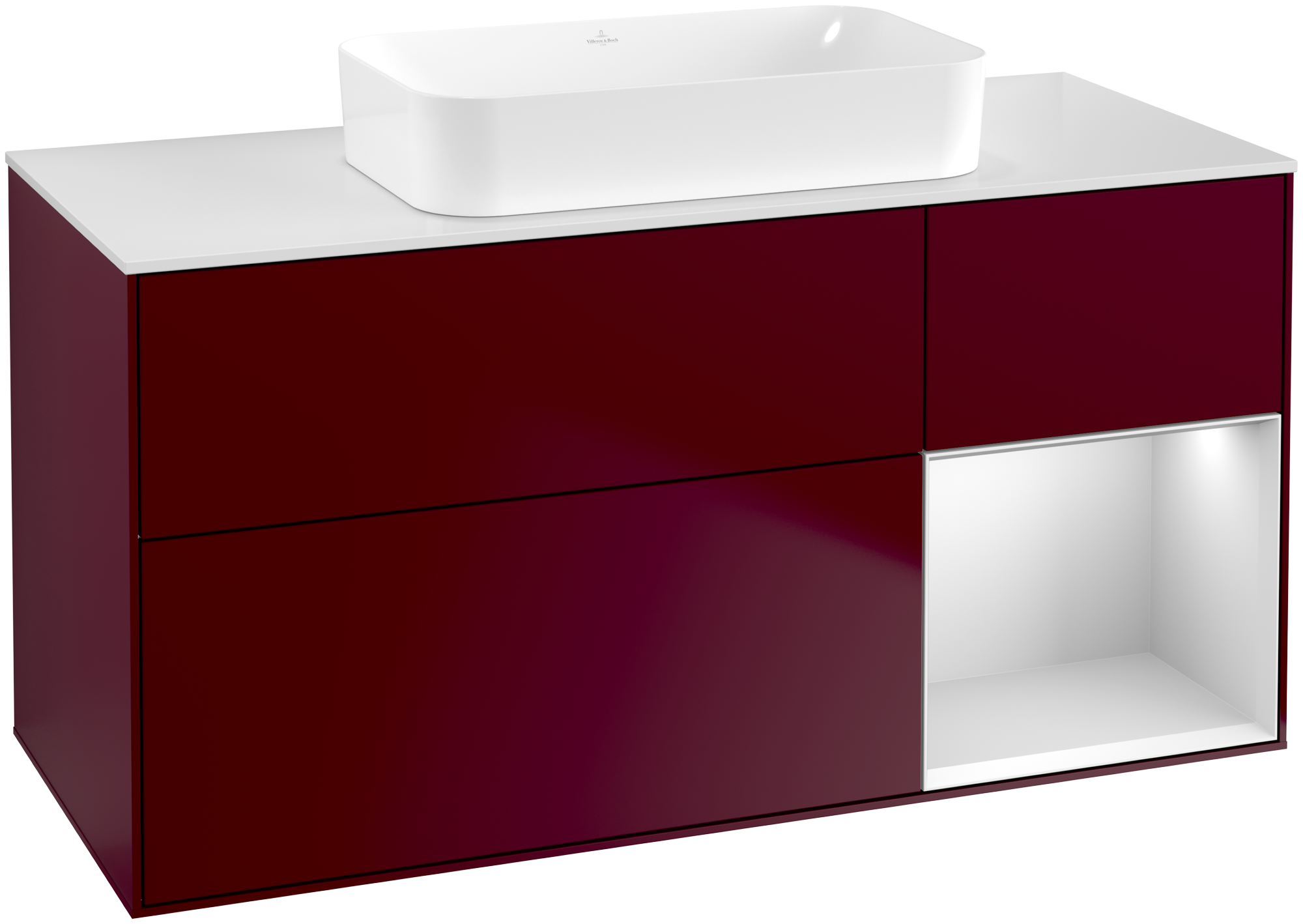 Villeroy & Boch Finion Waschbeckenunterschrank, mit Beleuchtung, 3 Auszüge, 1200x603x501mm, Korpus: Peony Matt Lacquer, Front: Peony Matt Lacquer, Regalelement: White Matt Lacquer, Abdeckplatte: Glass White Matt