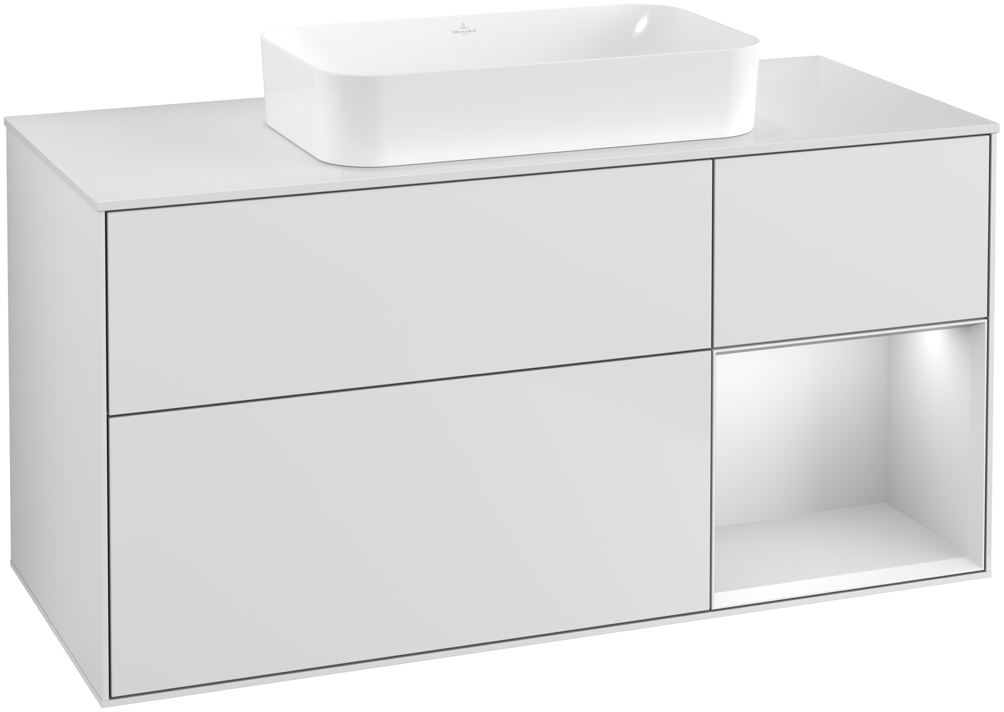 Villeroy & Boch Finion Waschbeckenunterschrank, mit Beleuchtung, 3 Auszüge, 1200x603x501mm, Korpus: White Matt Lacquer, Front: White Matt Lacquer, Regalelement: White Matt Lacquer, Abdeckplatte: Glass White Matt
