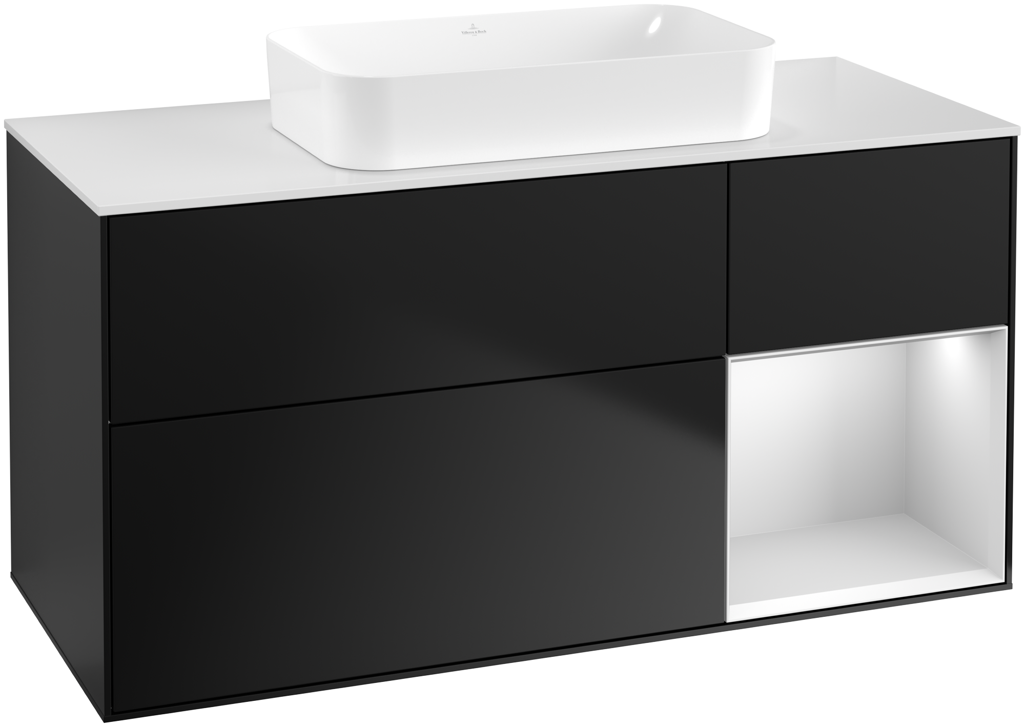 Villeroy & Boch Finion Waschbeckenunterschrank, mit Beleuchtung, 3 Auszüge, 1200x603x501mm, Korpus: Black Matt Lacquer, Front: Black Matt Lacquer, Regalelement: White Matt Lacquer, Abdeckplatte: Glass White Matt