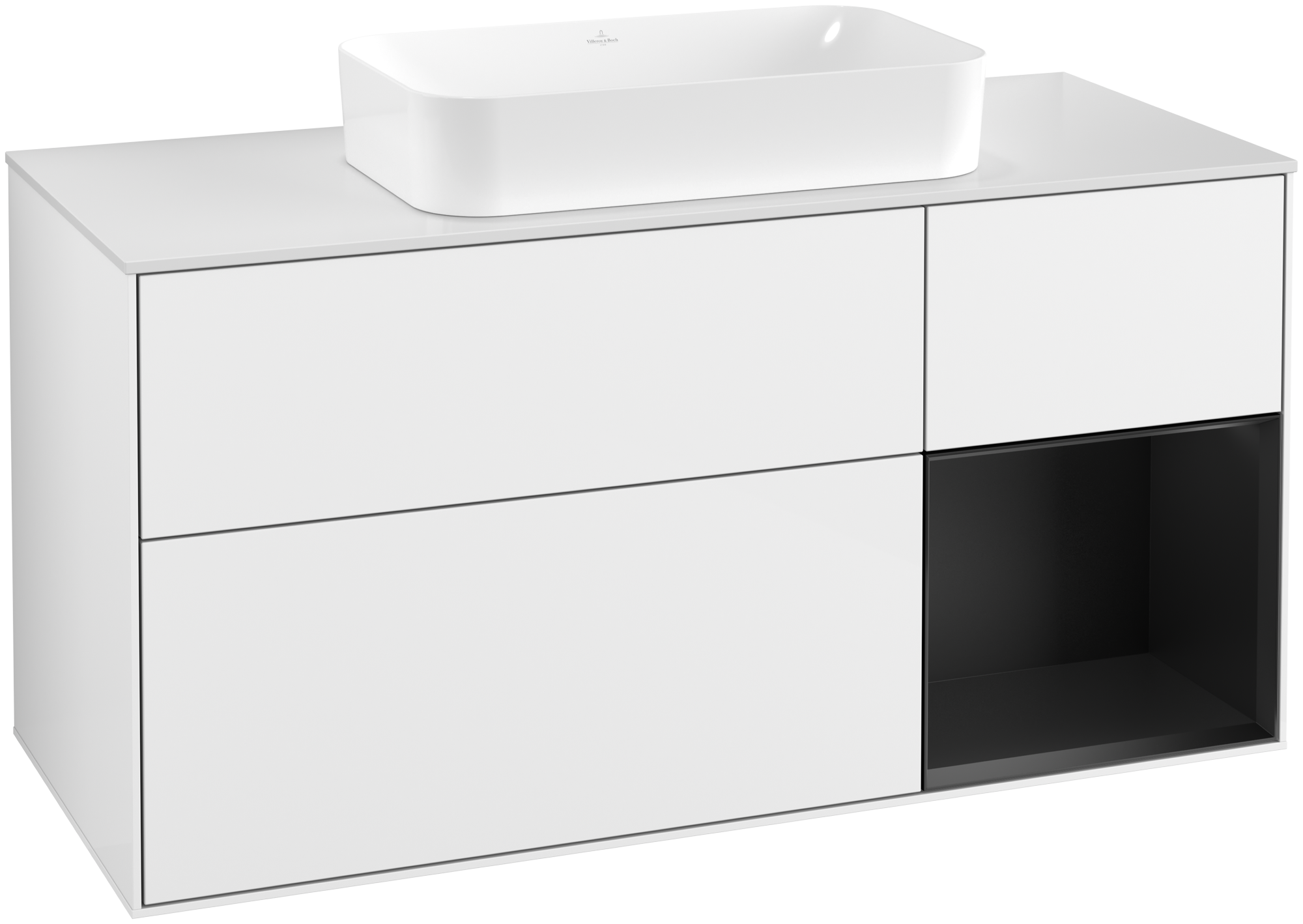 Villeroy & Boch Finion Waschbeckenunterschrank, mit Beleuchtung, 3 Auszüge, 1200x603x501mm, Korpus: Glossy White Lacquer, Front: Glossy White Lacquer, Regalelement: Black Matt Lacquer, Abdeckplatte: Glass White Matt