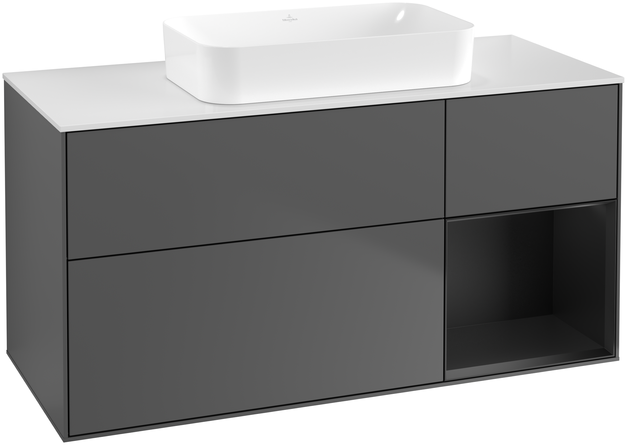 Villeroy & Boch Finion Waschbeckenunterschrank, mit Beleuchtung, 3 Auszüge, 1200x603x501mm, Korpus: Anthracite Matt Lacquer, Front: Anthracite Matt Lacquer, Regalelement: Black Matt Lacquer, Abdeckplatte: Glass White Matt