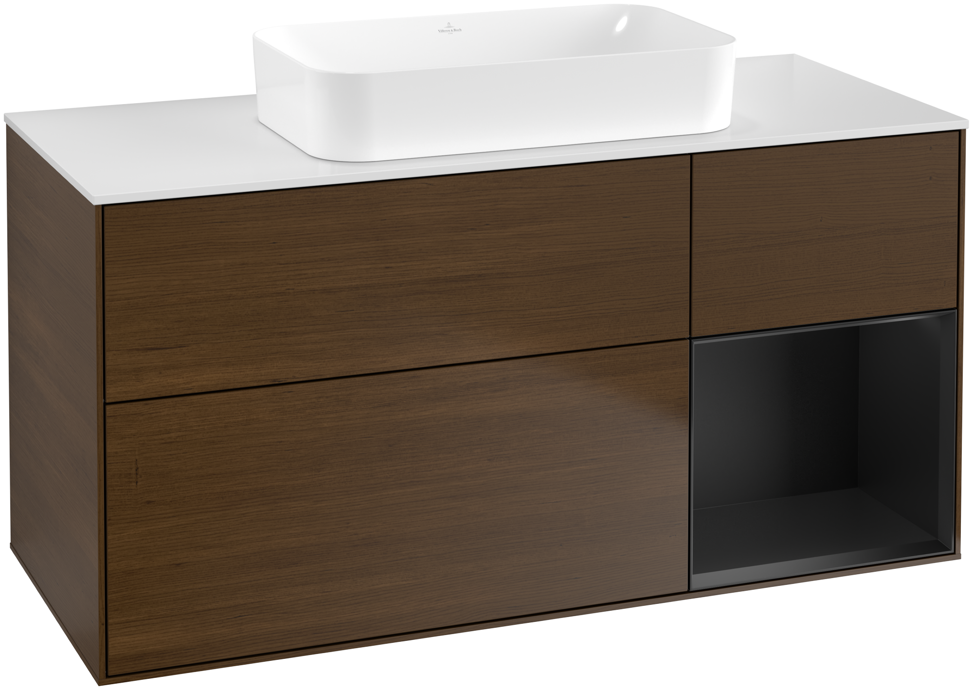 Villeroy & Boch Finion Waschbeckenunterschrank, mit Beleuchtung, 3 Auszüge, 1200x603x501mm, Korpus: Walnut Veneer, Front: Walnut Veneer, Regalelement: Black Matt Lacquer, Abdeckplatte: Glass White Matt