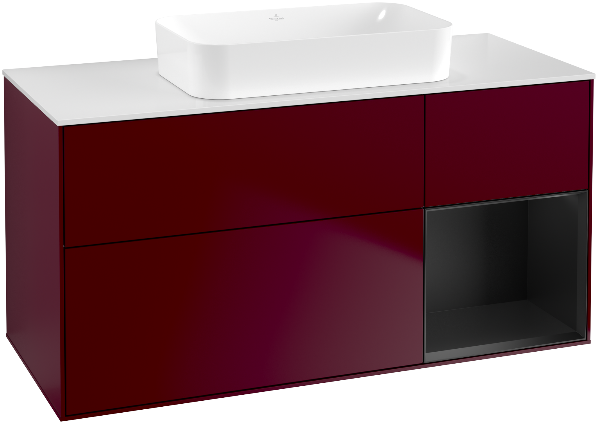 Villeroy & Boch Finion Waschbeckenunterschrank, mit Beleuchtung, 3 Auszüge, 1200x603x501mm, Korpus: Peony Matt Lacquer, Front: Peony Matt Lacquer, Regalelement: Black Matt Lacquer, Abdeckplatte: Glass White Matt