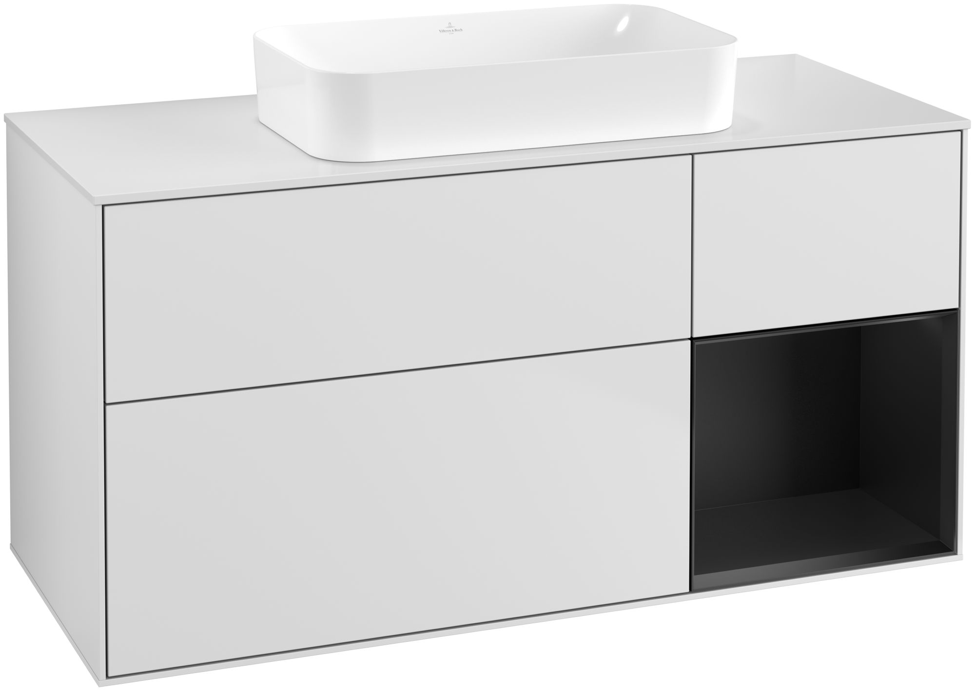Villeroy & Boch Finion Waschbeckenunterschrank, mit Beleuchtung, 3 Auszüge, 1200x603x501mm, Korpus: White Matt Lacquer, Front: White Matt Lacquer, Regalelement: Black Matt Lacquer, Abdeckplatte: Glass White Matt