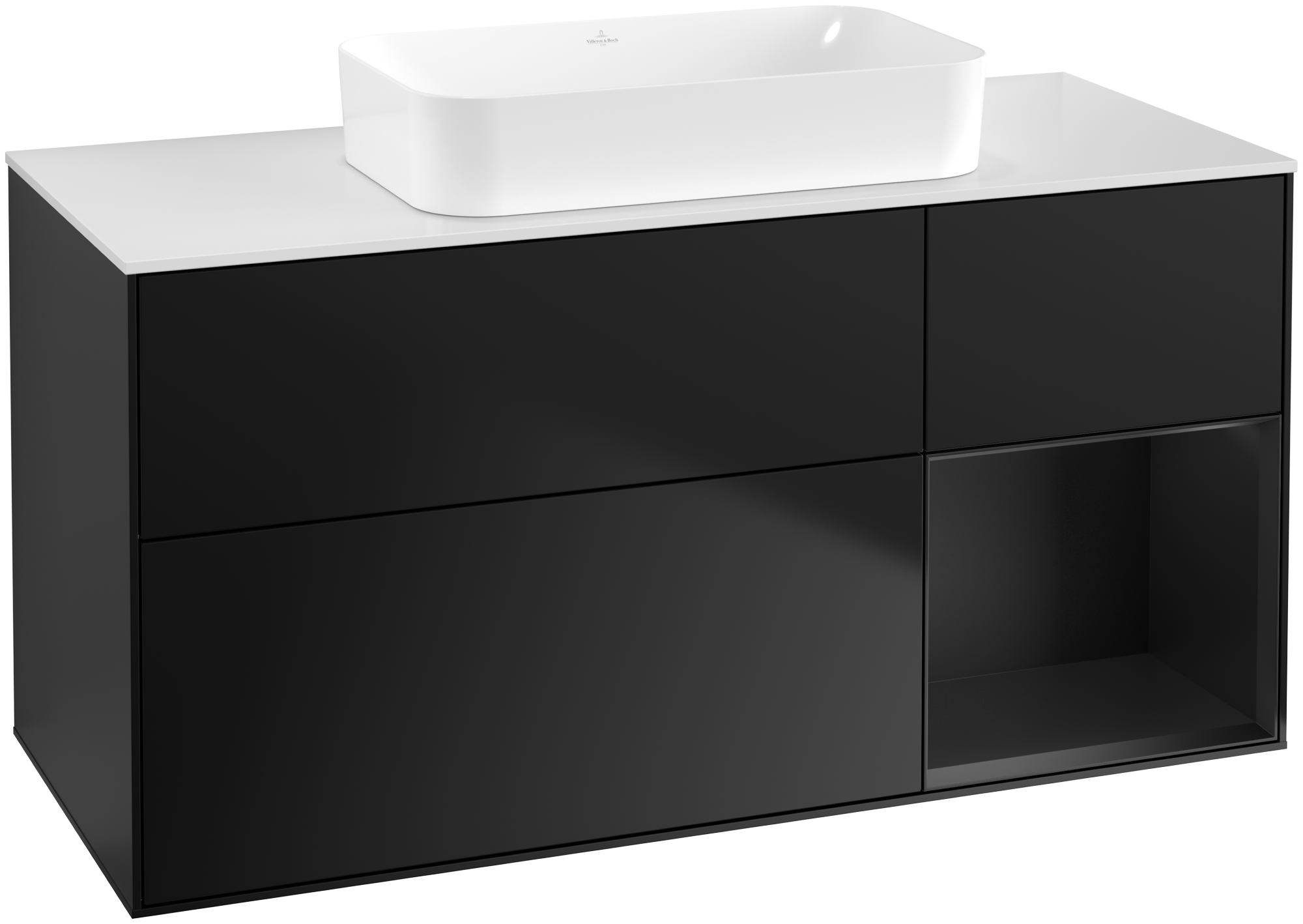 Villeroy & Boch Finion Waschbeckenunterschrank, mit Beleuchtung, 3 Auszüge, 1200x603x501mm, Korpus: Black Matt Lacquer, Front: Black Matt Lacquer, Regalelement: Black Matt Lacquer, Abdeckplatte: Glass White Matt