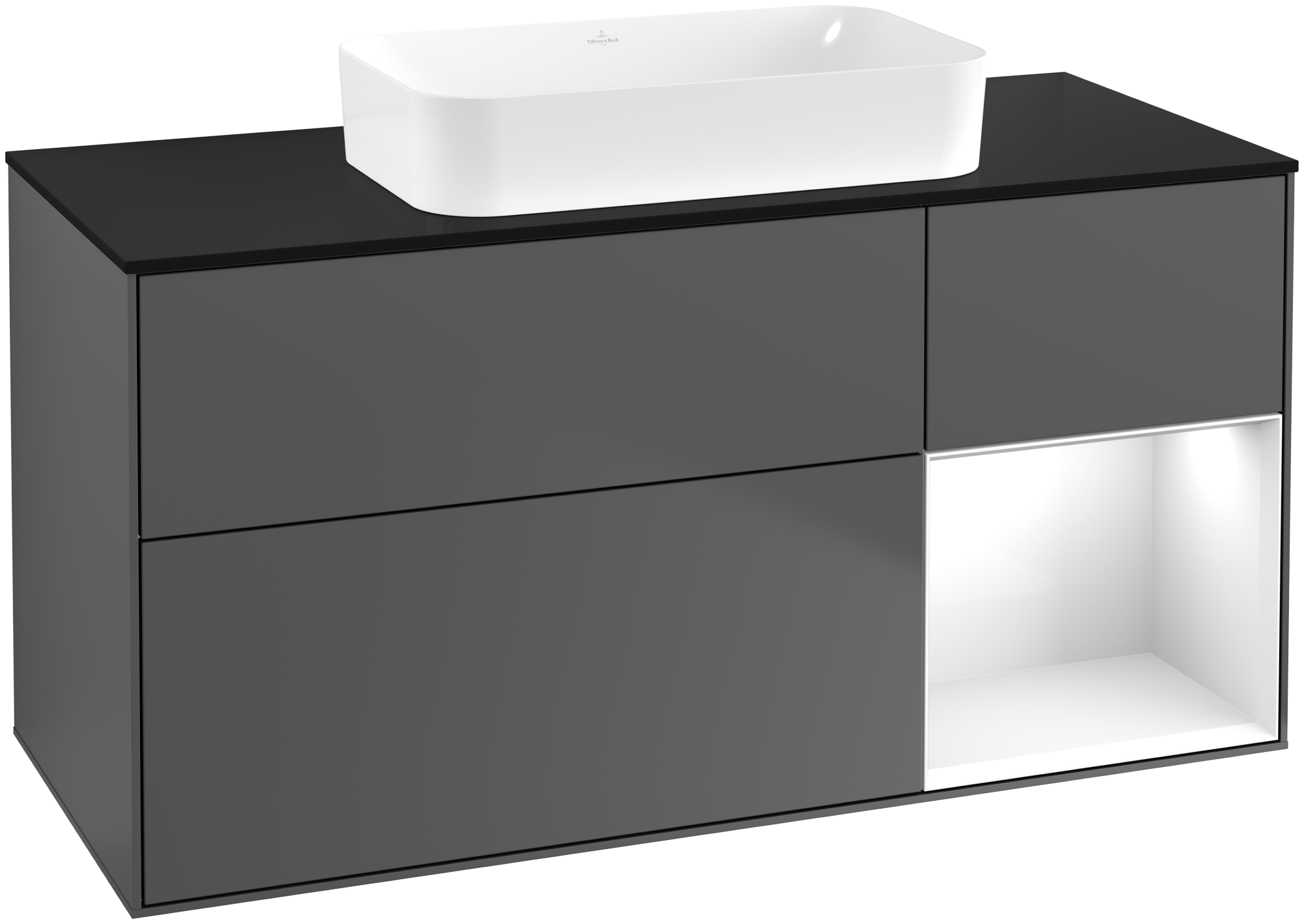 Villeroy & Boch Finion Waschbeckenunterschrank, mit Beleuchtung, 3 Auszüge, 1200x603x501mm, Korpus: Anthracite Matt Lacquer, Front: Anthracite Matt Lacquer, Regalelement: Glossy White Lacquer, Abdeckplatte: Glass Black Matt