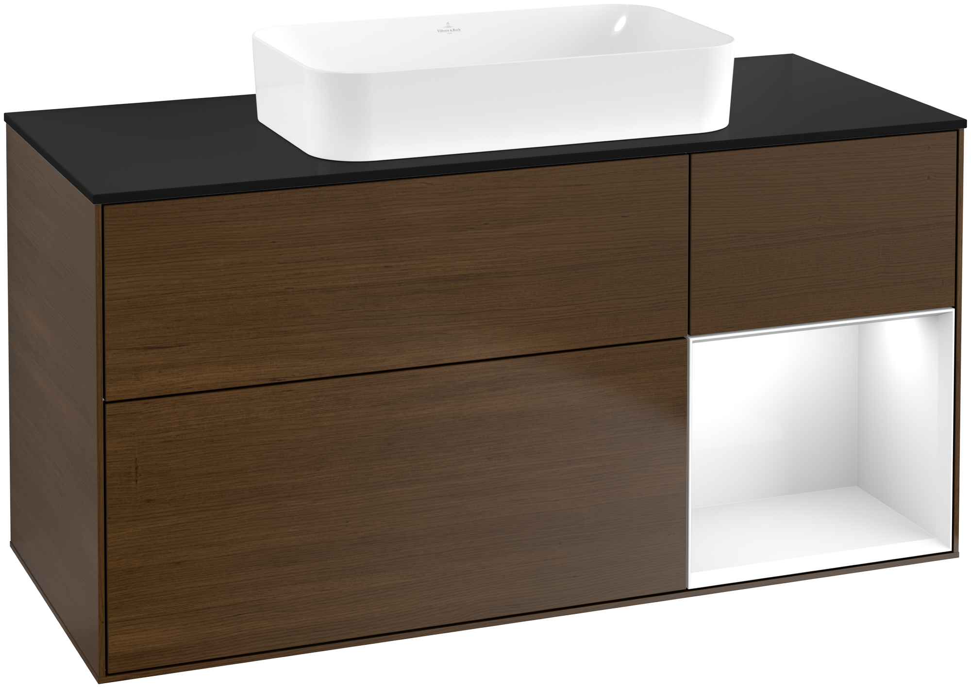 Villeroy & Boch Finion Waschbeckenunterschrank, mit Beleuchtung, 3 Auszüge, 1200x603x501mm, Korpus: Walnut Veneer, Front: Walnut Veneer, Regalelement: Glossy White Lacquer, Abdeckplatte: Glass Black Matt