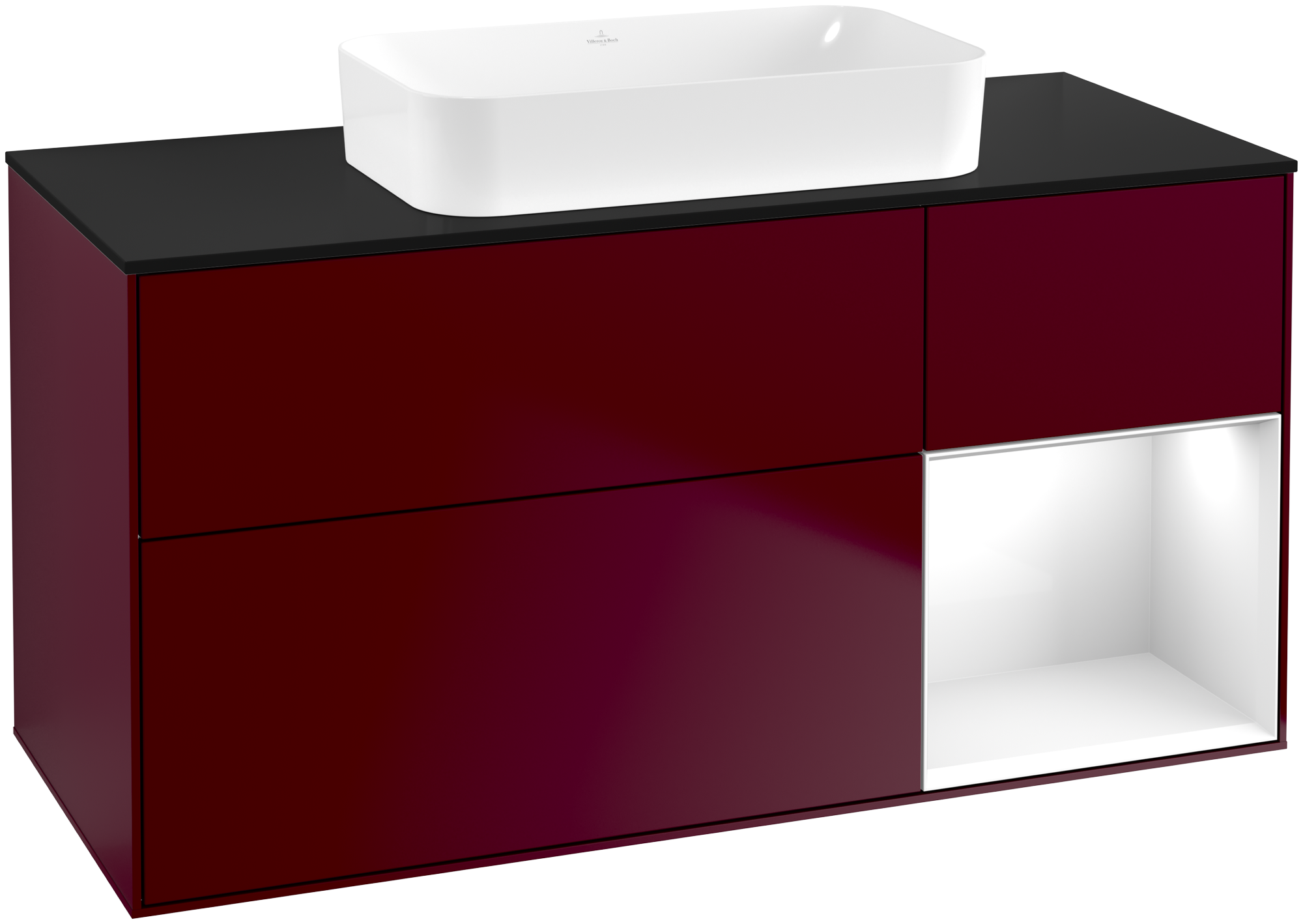 Villeroy & Boch Finion Waschbeckenunterschrank, mit Beleuchtung, 3 Auszüge, 1200x603x501mm, Korpus: Peony Matt Lacquer, Front: Peony Matt Lacquer, Regalelement: Glossy White Lacquer, Abdeckplatte: Glass Black Matt