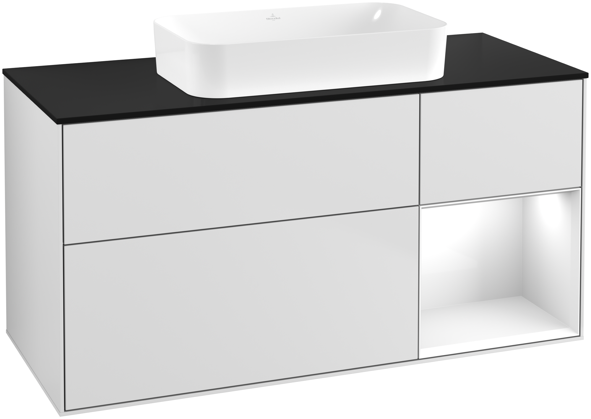 Villeroy & Boch Finion Waschbeckenunterschrank, mit Beleuchtung, 3 Auszüge, 1200x603x501mm, Korpus: White Matt Lacquer, Front: White Matt Lacquer, Regalelement: Glossy White Lacquer, Abdeckplatte: Glass Black Matt