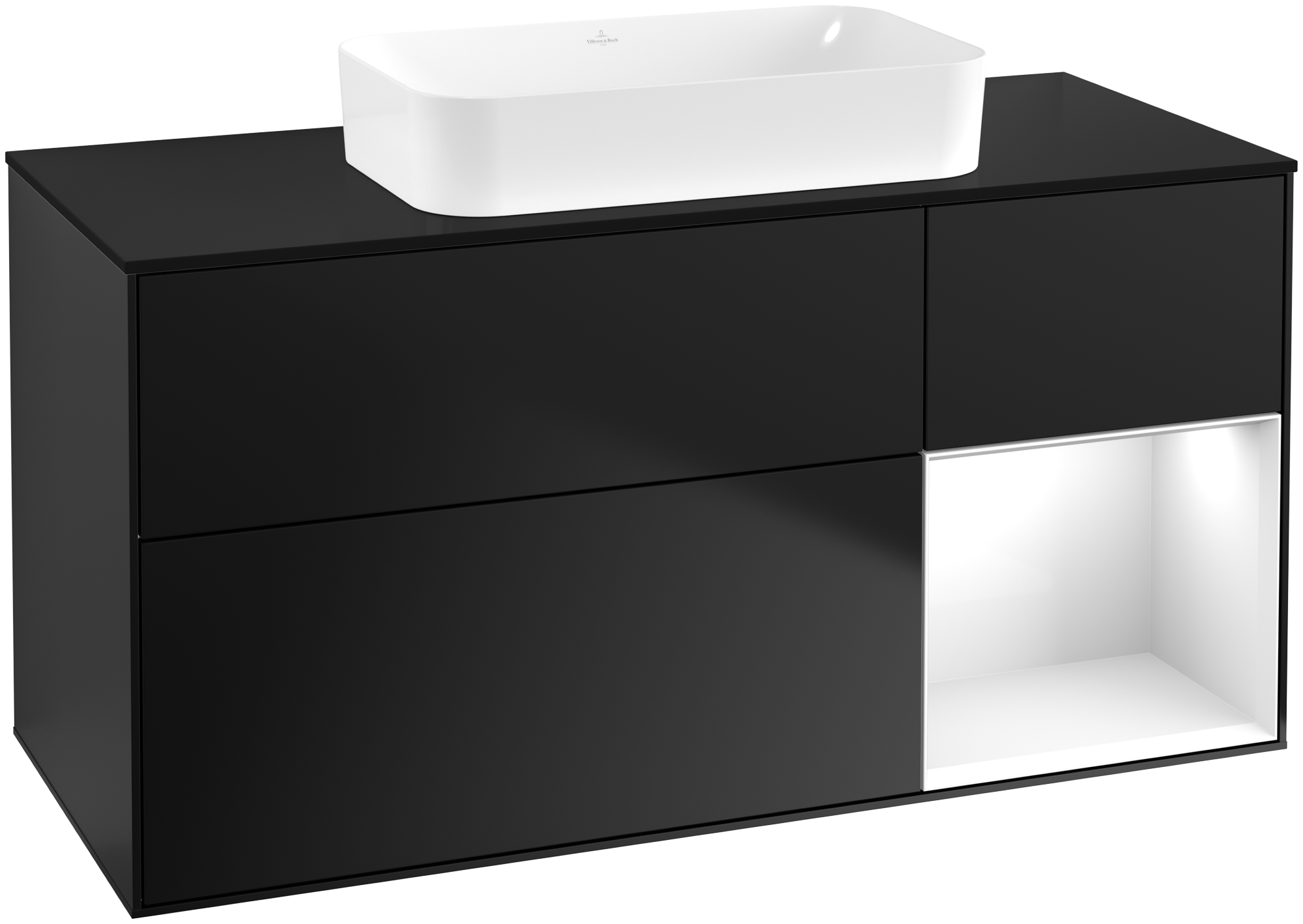 Villeroy & Boch Finion Waschbeckenunterschrank, mit Beleuchtung, 3 Auszüge, 1200x603x501mm, Korpus: Black Matt Lacquer, Front: Black Matt Lacquer, Regalelement: Glossy White Lacquer, Abdeckplatte: Glass Black Matt