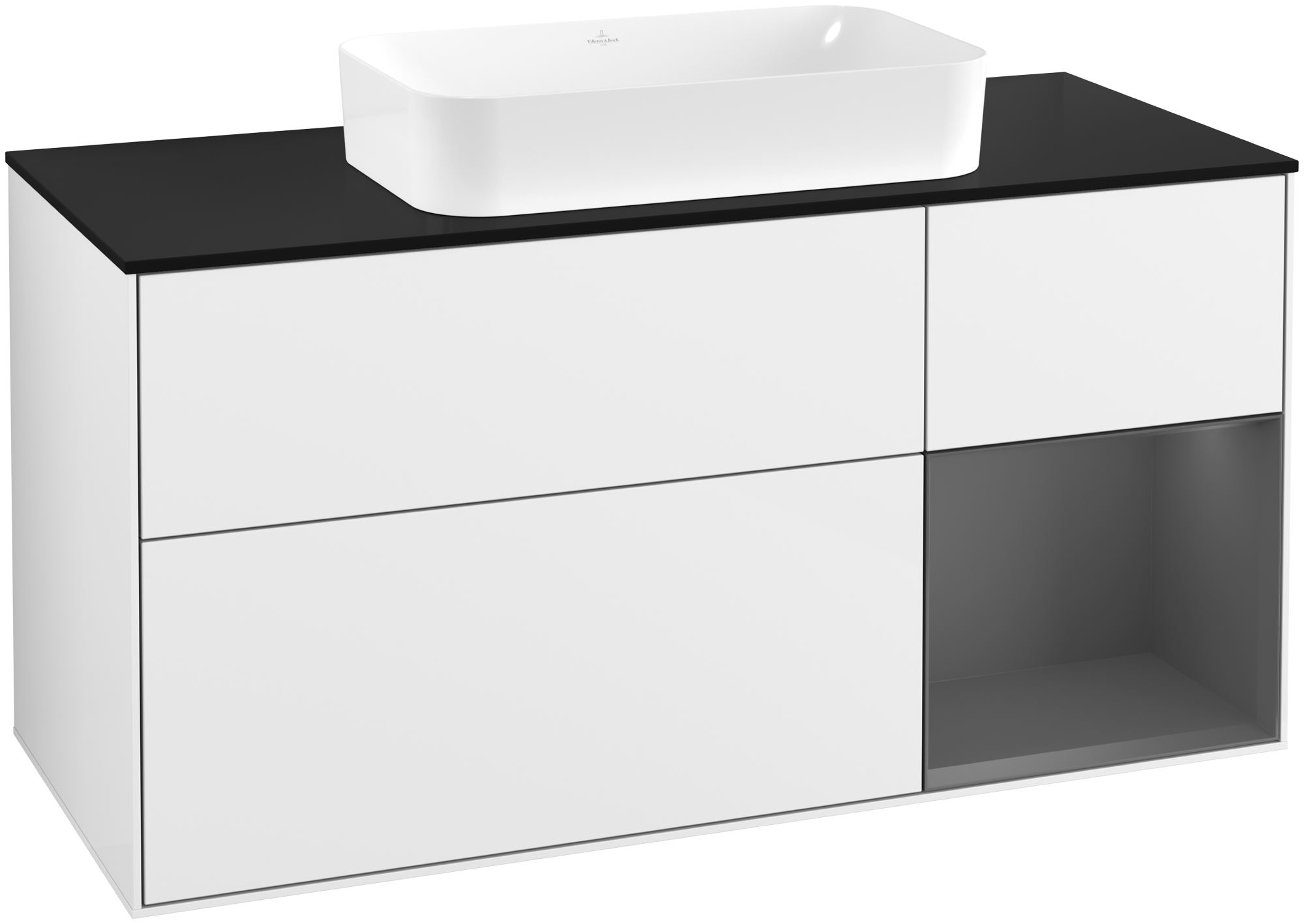 Villeroy & Boch Finion Waschbeckenunterschrank, mit Beleuchtung, 3 Auszüge, 1200x603x501mm, Korpus: Glossy White Lacquer, Front: Glossy White Lacquer, Regalelement: Anthracite Matt Lacquer, Abdeckplatte: Glass Black Matt