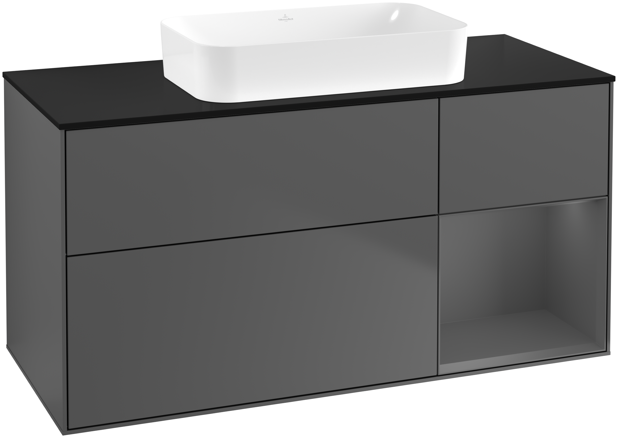 Villeroy & Boch Finion Waschbeckenunterschrank, mit Beleuchtung, 3 Auszüge, 1200x603x501mm, Korpus: Anthracite Matt Lacquer, Front: Anthracite Matt Lacquer, Regalelement: Anthracite Matt Lacquer, Abdeckplatte: Glass Black Matt