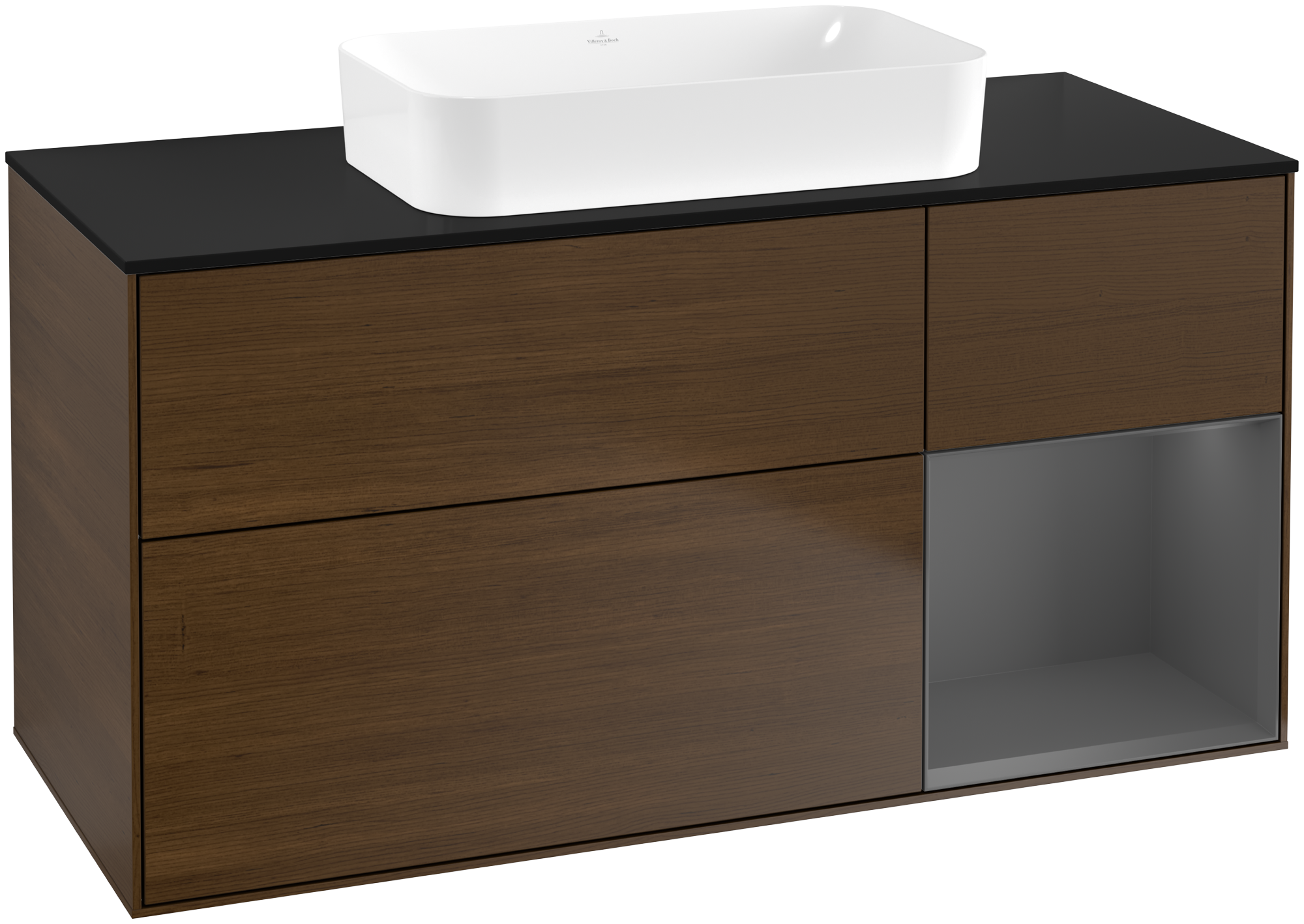 Villeroy & Boch Finion Waschbeckenunterschrank, mit Beleuchtung, 3 Auszüge, 1200x603x501mm, Korpus: Walnut Veneer, Front: Walnut Veneer, Regalelement: Anthracite Matt Lacquer, Abdeckplatte: Glass Black Matt