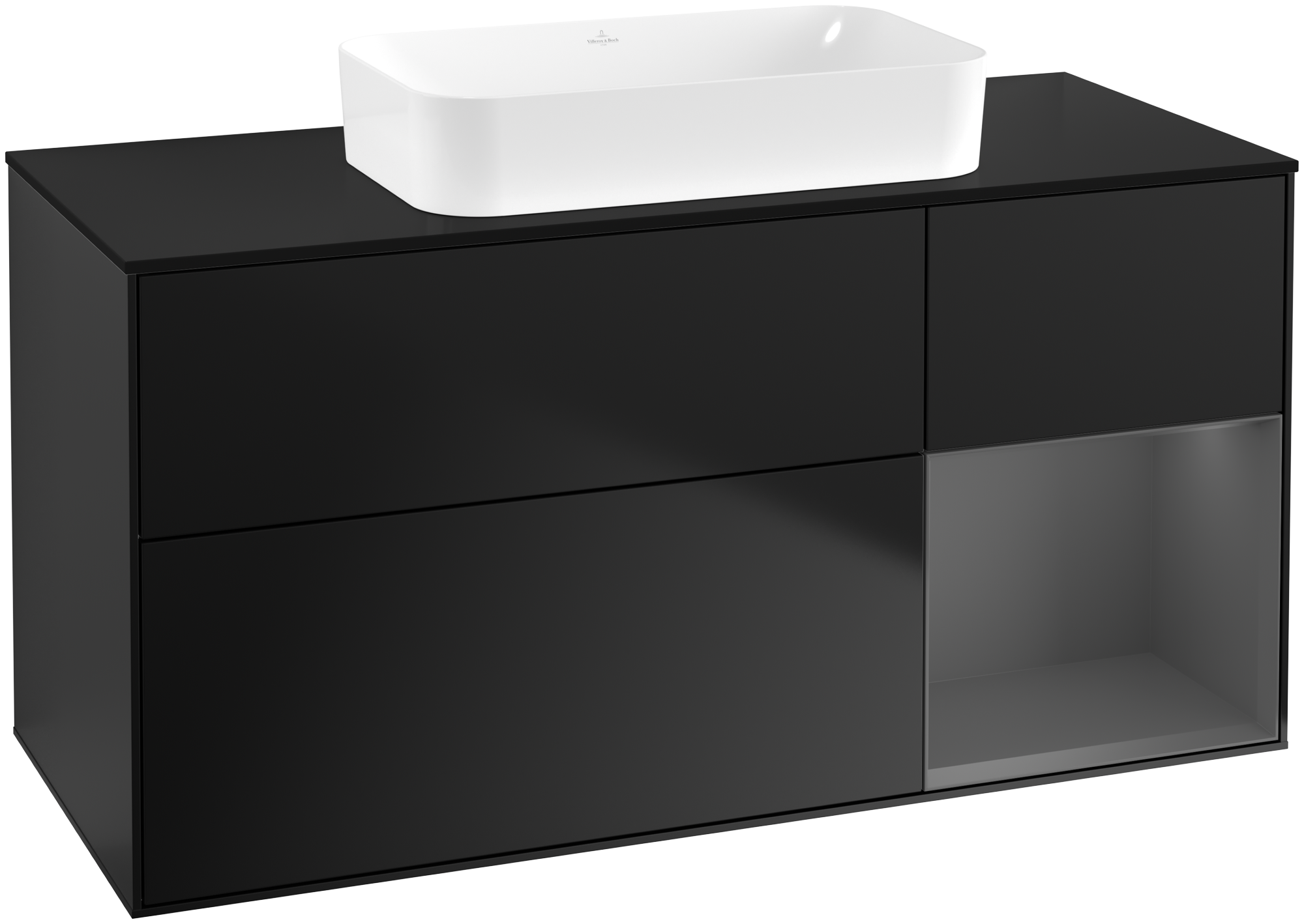 Villeroy & Boch Finion Waschbeckenunterschrank, mit Beleuchtung, 3 Auszüge, 1200x603x501mm, Korpus: Black Matt Lacquer, Front: Black Matt Lacquer, Regalelement: Anthracite Matt Lacquer, Abdeckplatte: Glass Black Matt