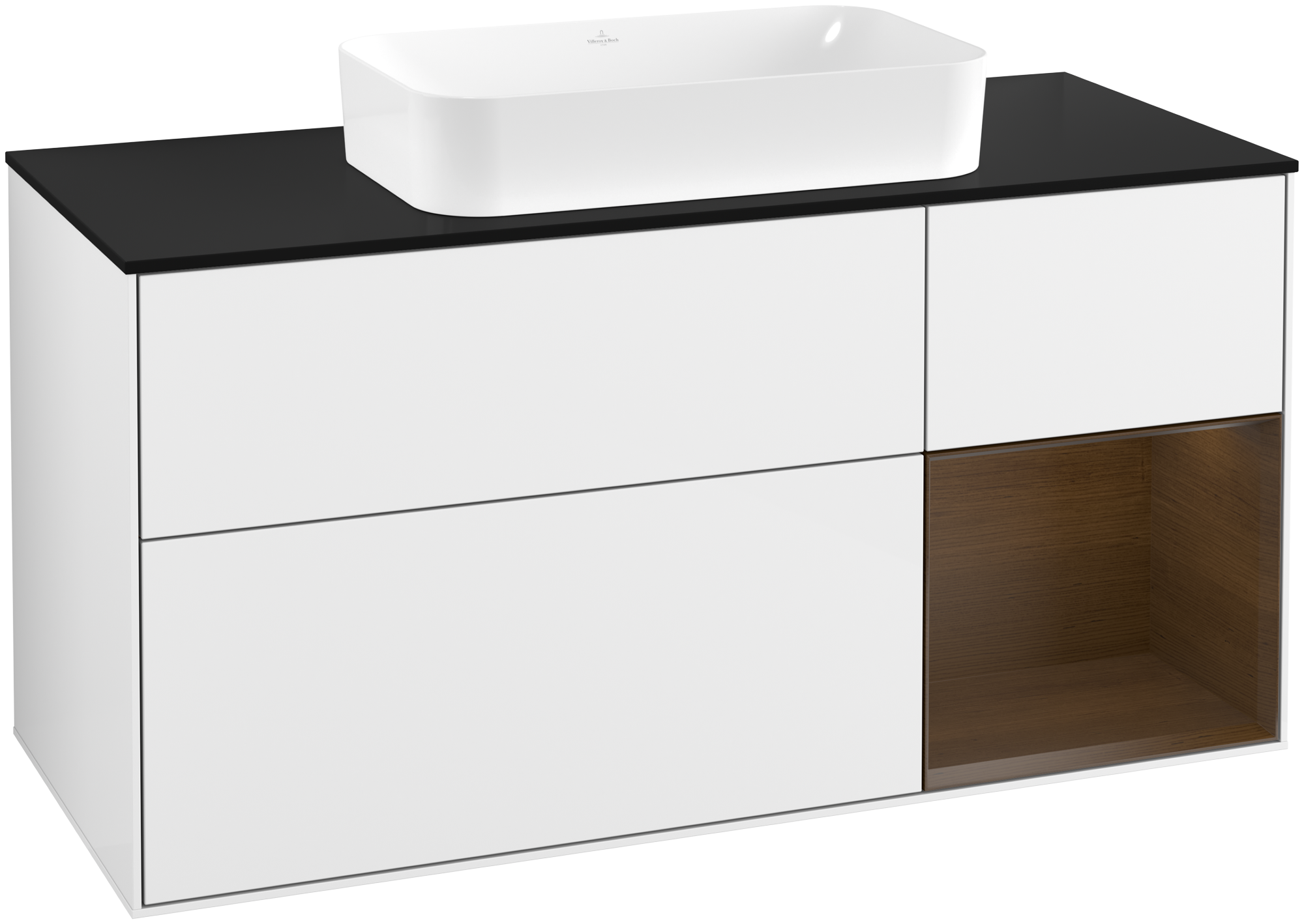 Villeroy & Boch Finion Waschbeckenunterschrank, mit Beleuchtung, 3 Auszüge, 1200x603x501mm, Korpus: Glossy White Lacquer, Front: Glossy White Lacquer, Regalelement: Walnut Veneer, Abdeckplatte: Glass Black Matt