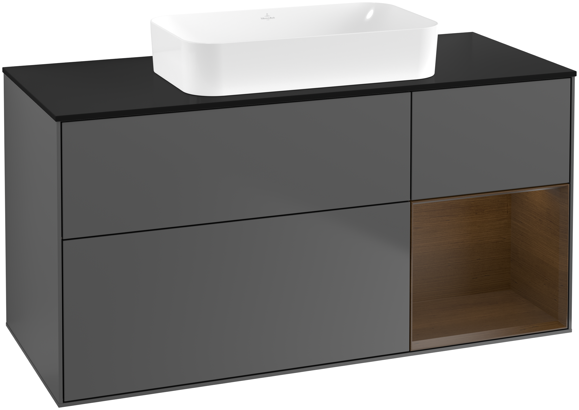 Villeroy & Boch Finion Waschbeckenunterschrank, mit Beleuchtung, 3 Auszüge, 1200x603x501mm, Korpus: Anthracite Matt Lacquer, Front: Anthracite Matt Lacquer, Regalelement: Walnut Veneer, Abdeckplatte: Glass Black Matt
