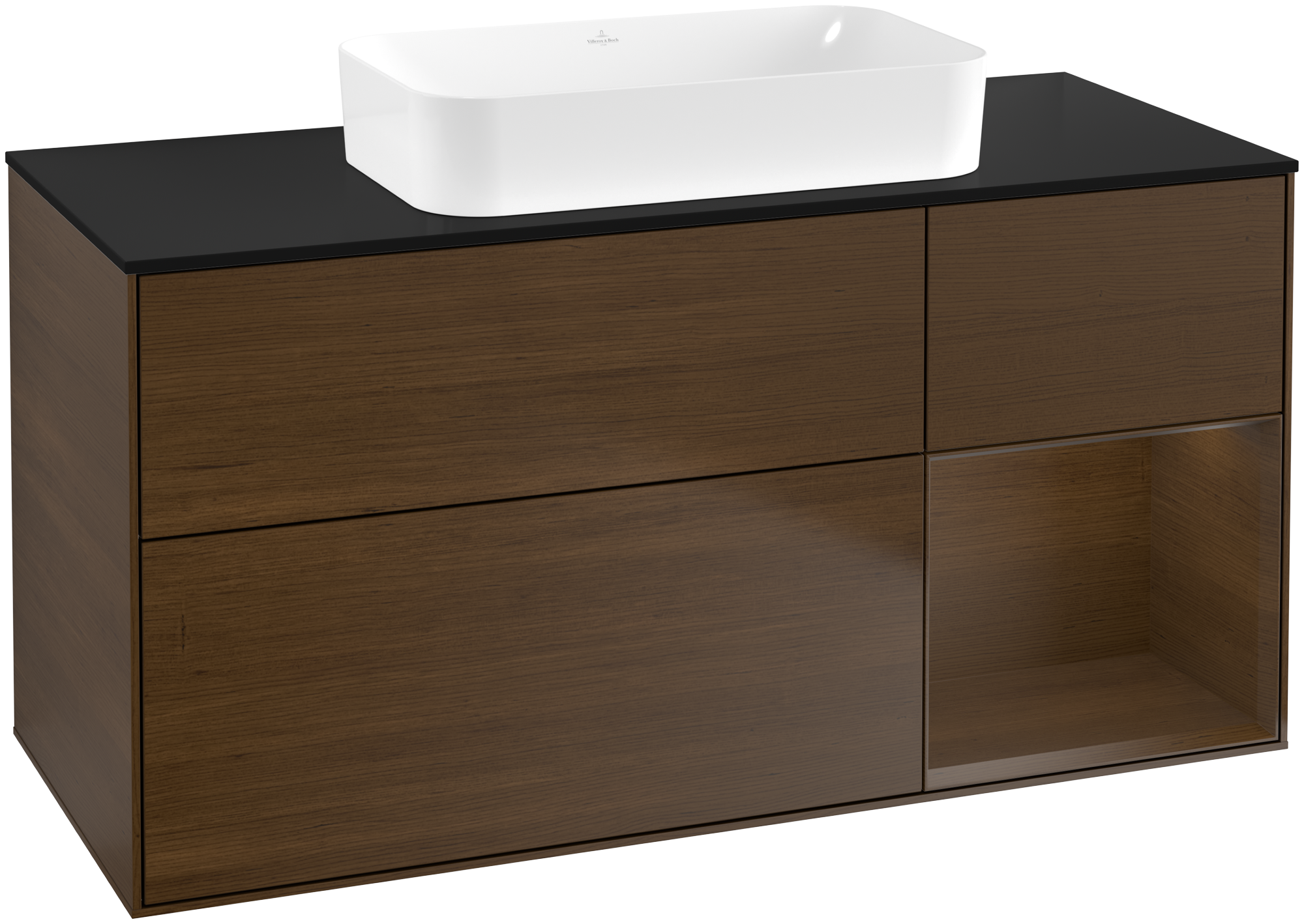 Villeroy & Boch Finion Waschbeckenunterschrank, mit Beleuchtung, 3 Auszüge, 1200x603x501mm, Korpus: Walnut Veneer, Front: Walnut Veneer, Regalelement: Walnut Veneer, Abdeckplatte: Glass Black Matt